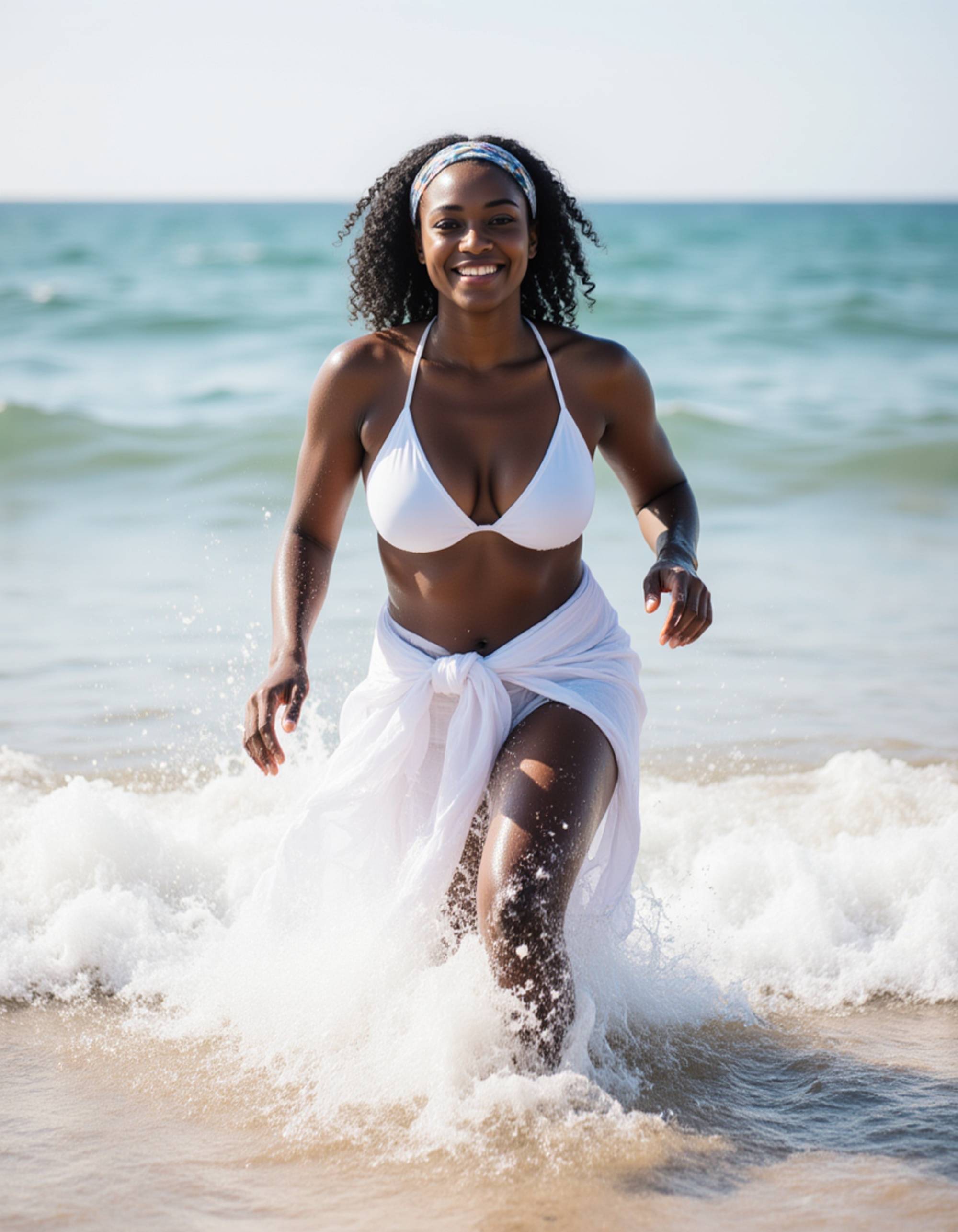 model in a white bikini top and sarong, running playfully along the shoreline, waves splashing around her, candid, carefree, and radiant summer energy.