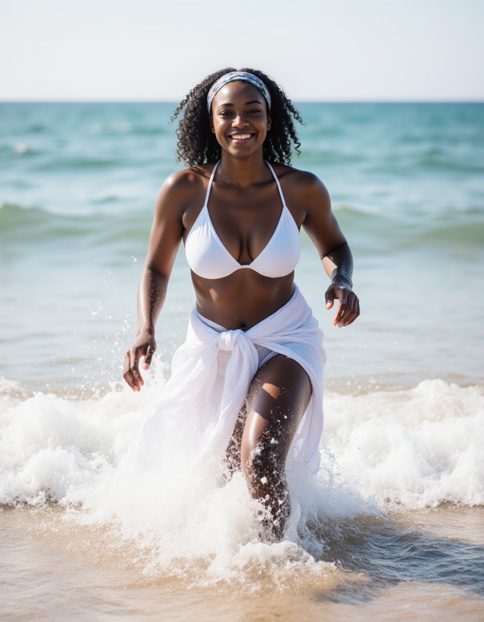 model in a white bikini top and sarong, running playfully along the shoreline, waves splashing around her, candid, carefree, and radiant summer energy.