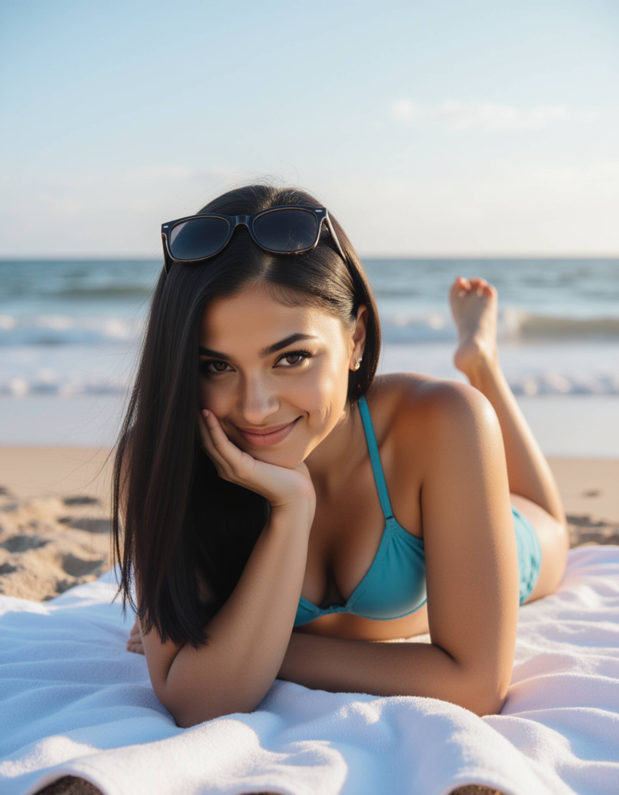 model in a sky-blue bikini, lying face-down on a beach towel with sunglasses on, turning her head toward the camera with a teasing smile, calm waves and soft sunlight completing the scene.