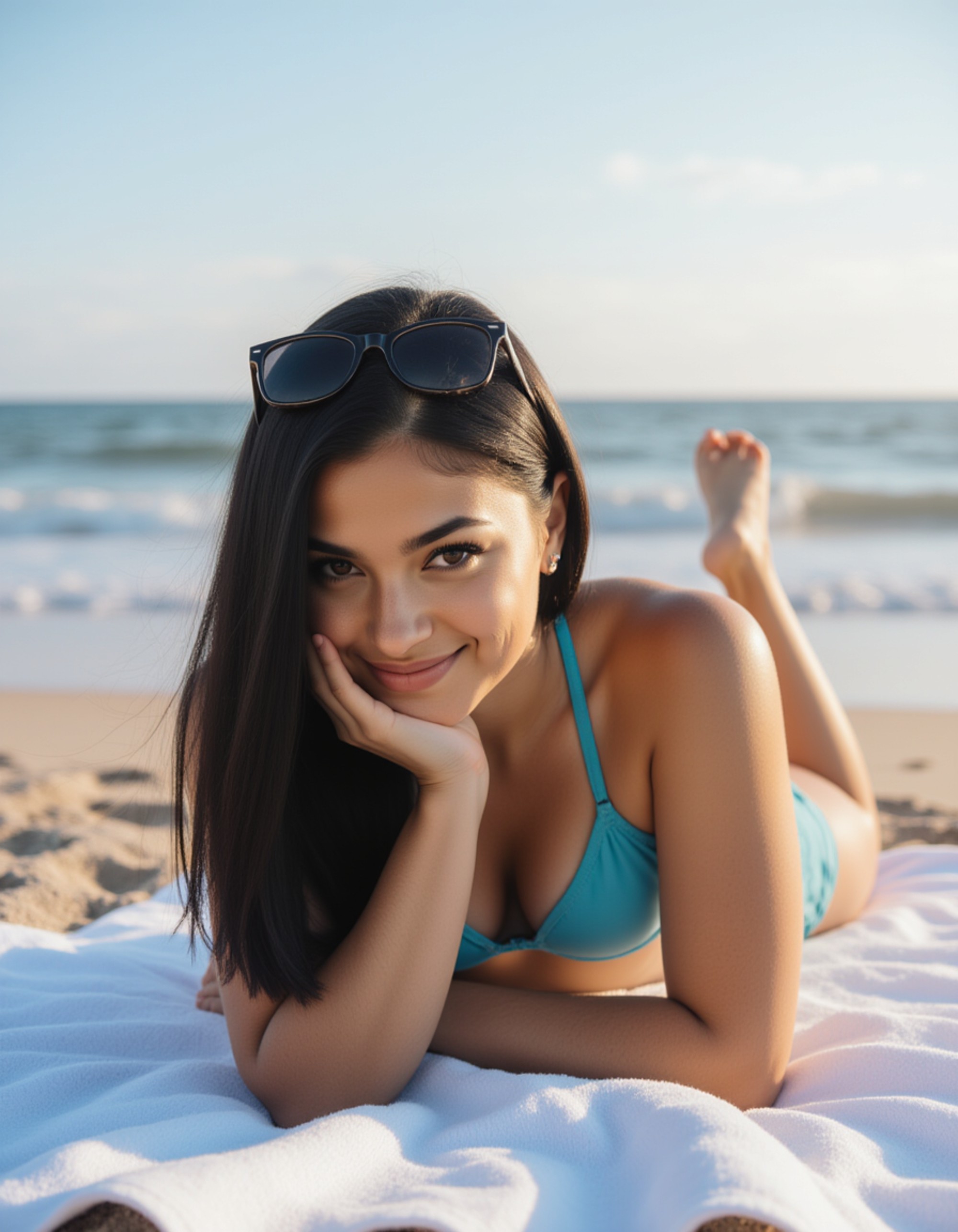 model in a sky-blue bikini, lying face-down on a beach towel with sunglasses on, turning her head toward the camera with a teasing smile, calm waves and soft sunlight completing the scene.