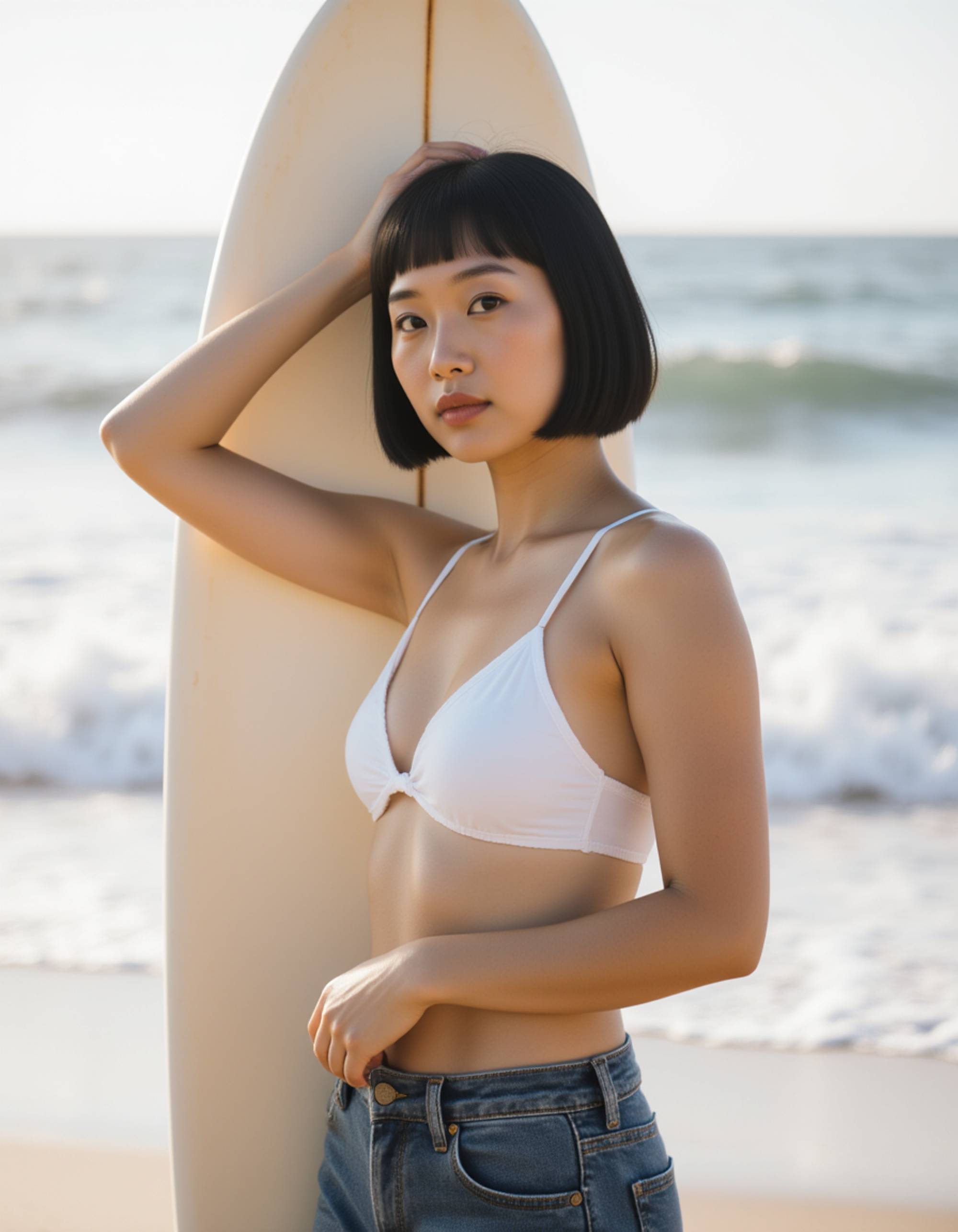 model wearing a white bikini and denim shorts, standing near a surfboard with her hand in her hair, bright midday sunlight and deep blue ocean behind, confident surfer-girl energy.