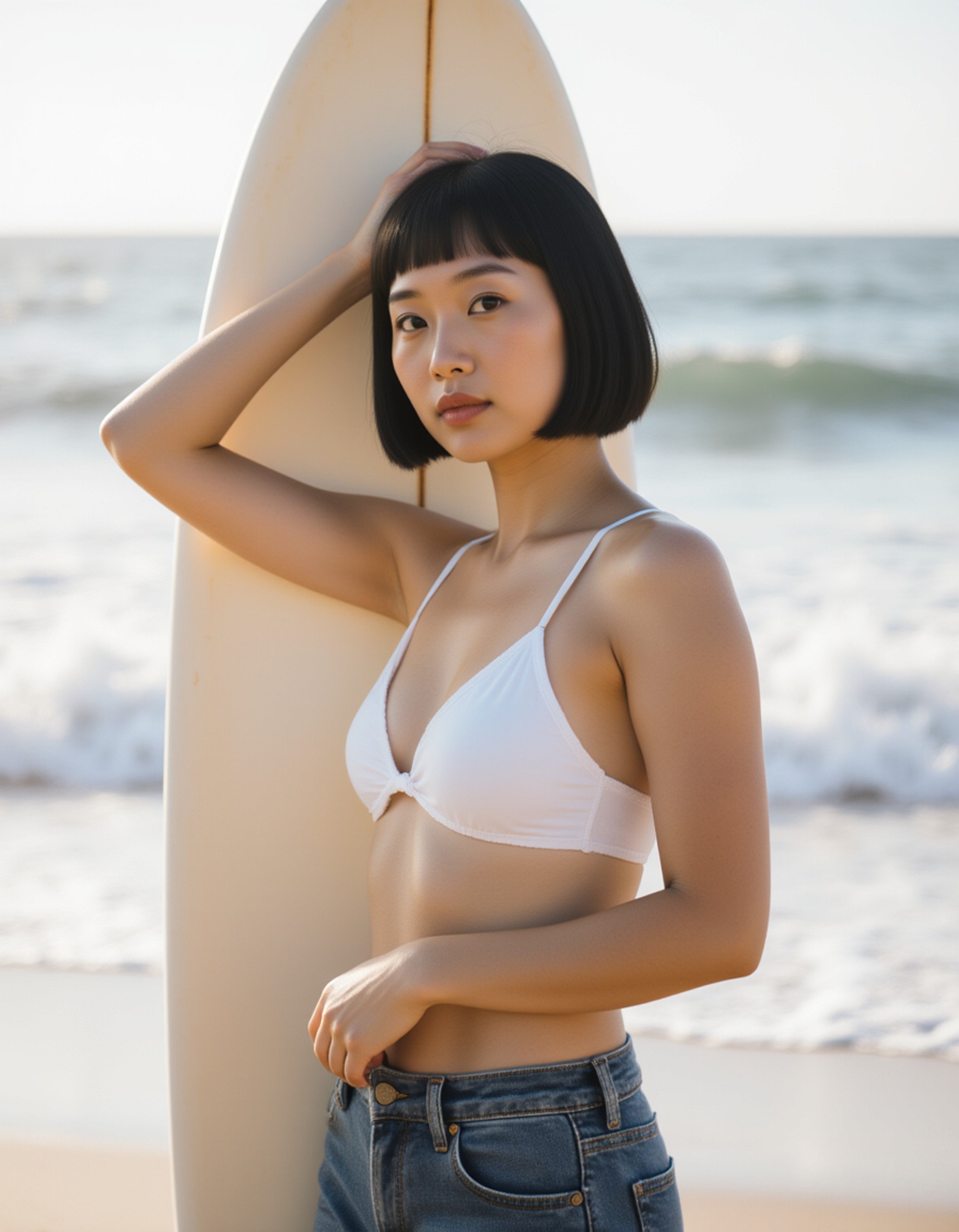 model wearing a white bikini and denim shorts, standing near a surfboard with her hand in her hair, bright midday sunlight and deep blue ocean behind, confident surfer-girl energy.