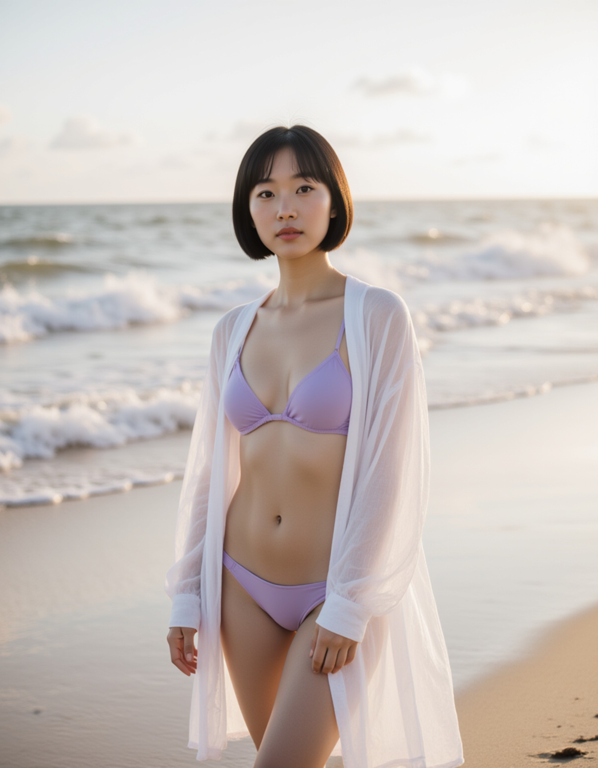 model in a lilac bikini with a sheer beach kimono, standing ankle-deep in the ocean, soft breeze and gentle sunlight creating a romantic, dreamy seaside look.