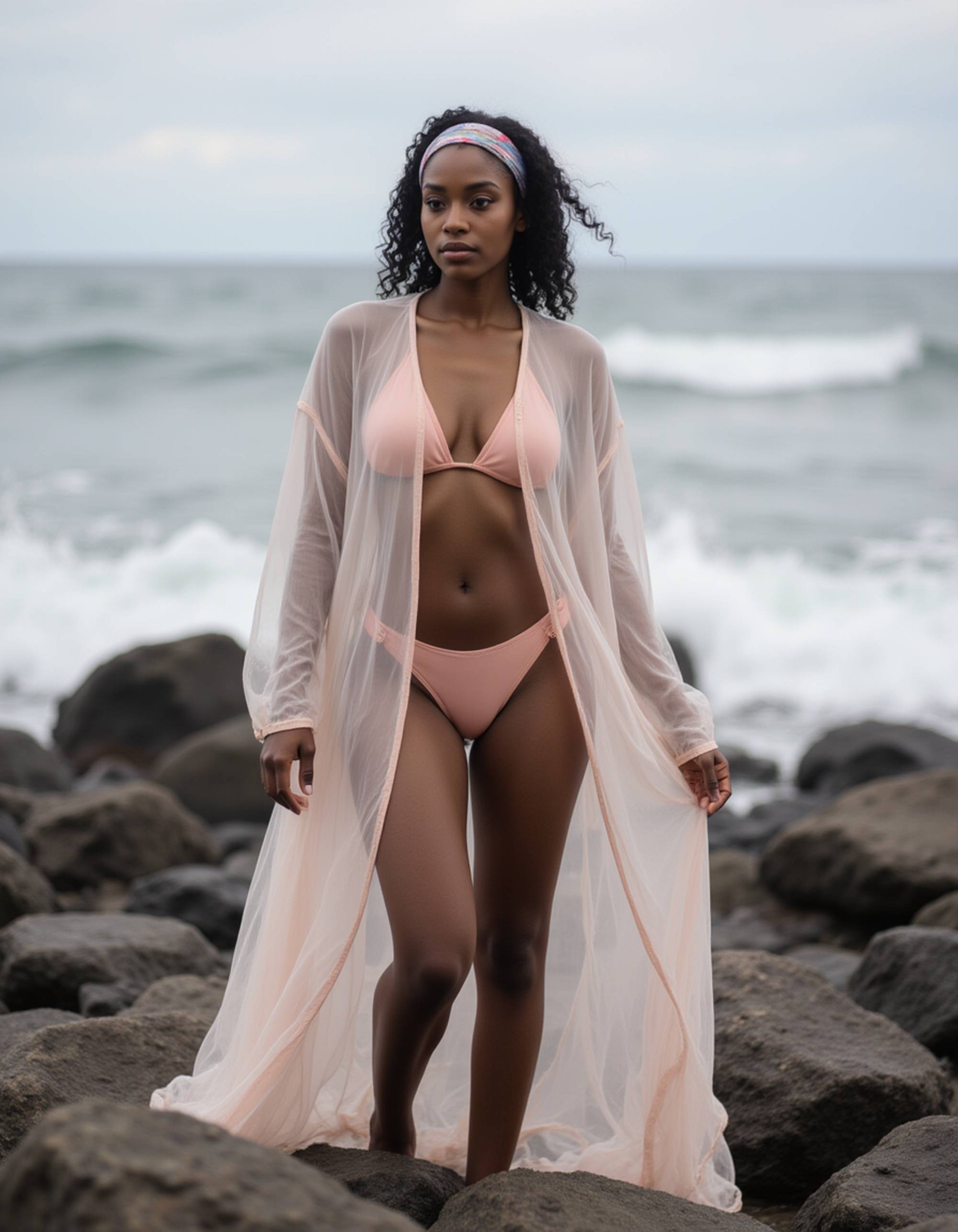 model wearing a transparent beach cover-up over a pastel bikini, standing on a rocky coastline with waves crashing nearby, moody sky and sensual seaside energy.