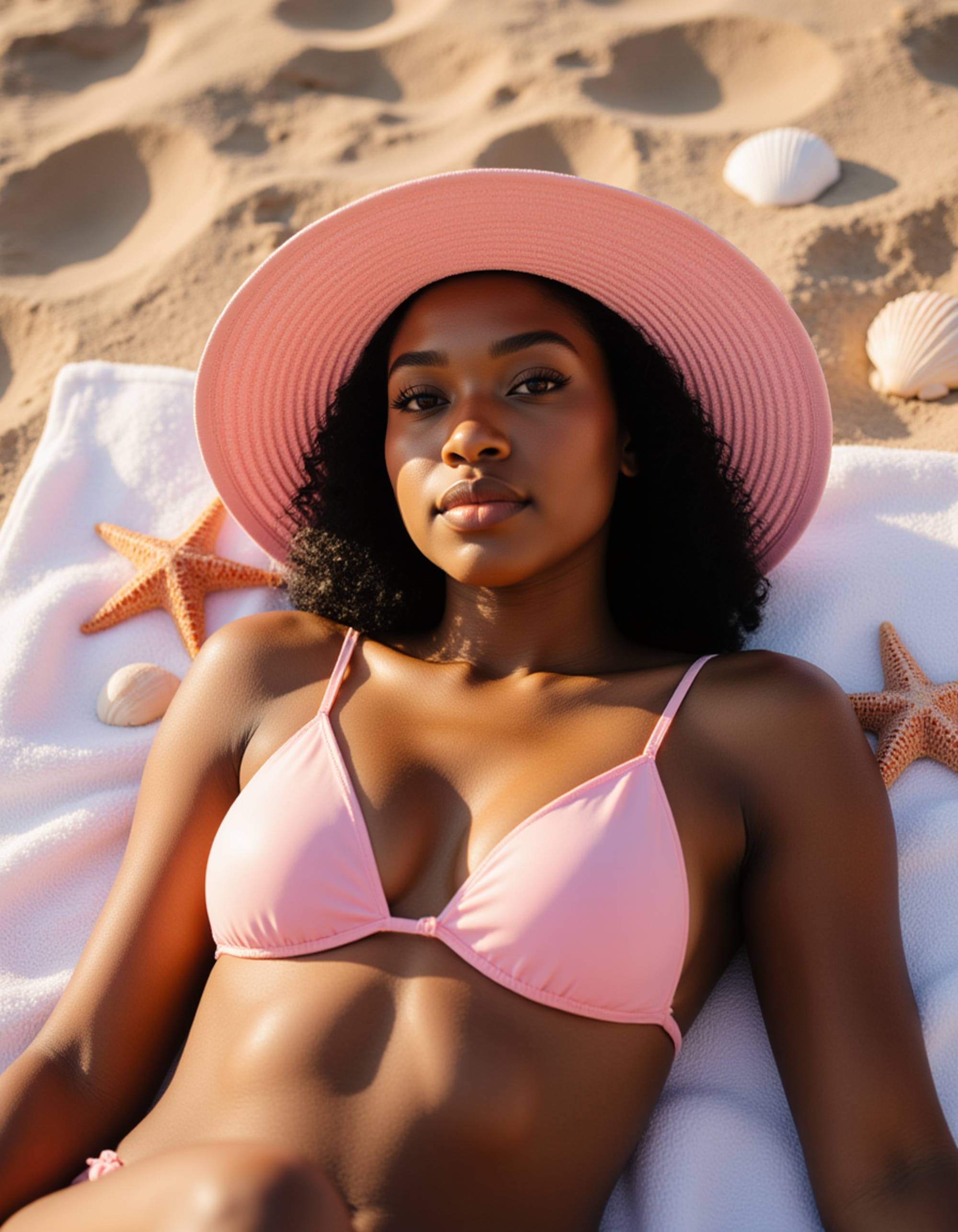 model in a pink bikini with matching beach hat, lying on a towel surrounded by seashells and starfish, golden sunlight giving a soft and flirty glow.