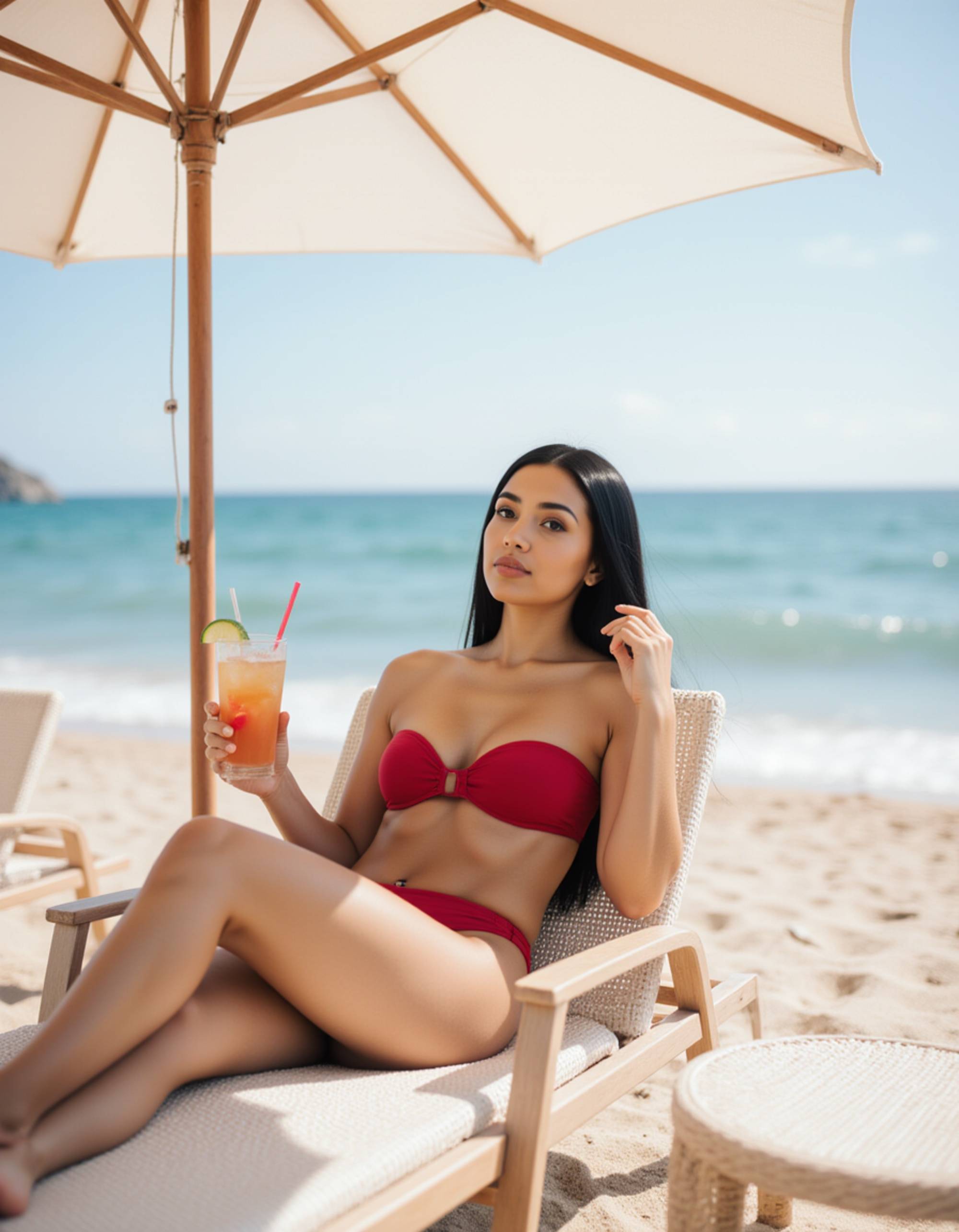 model in a red bandeau bikini, reclining on a beach chair under a white umbrella, holding a refreshing drink, calm sea and soft breeze completing a chic resort vibe.