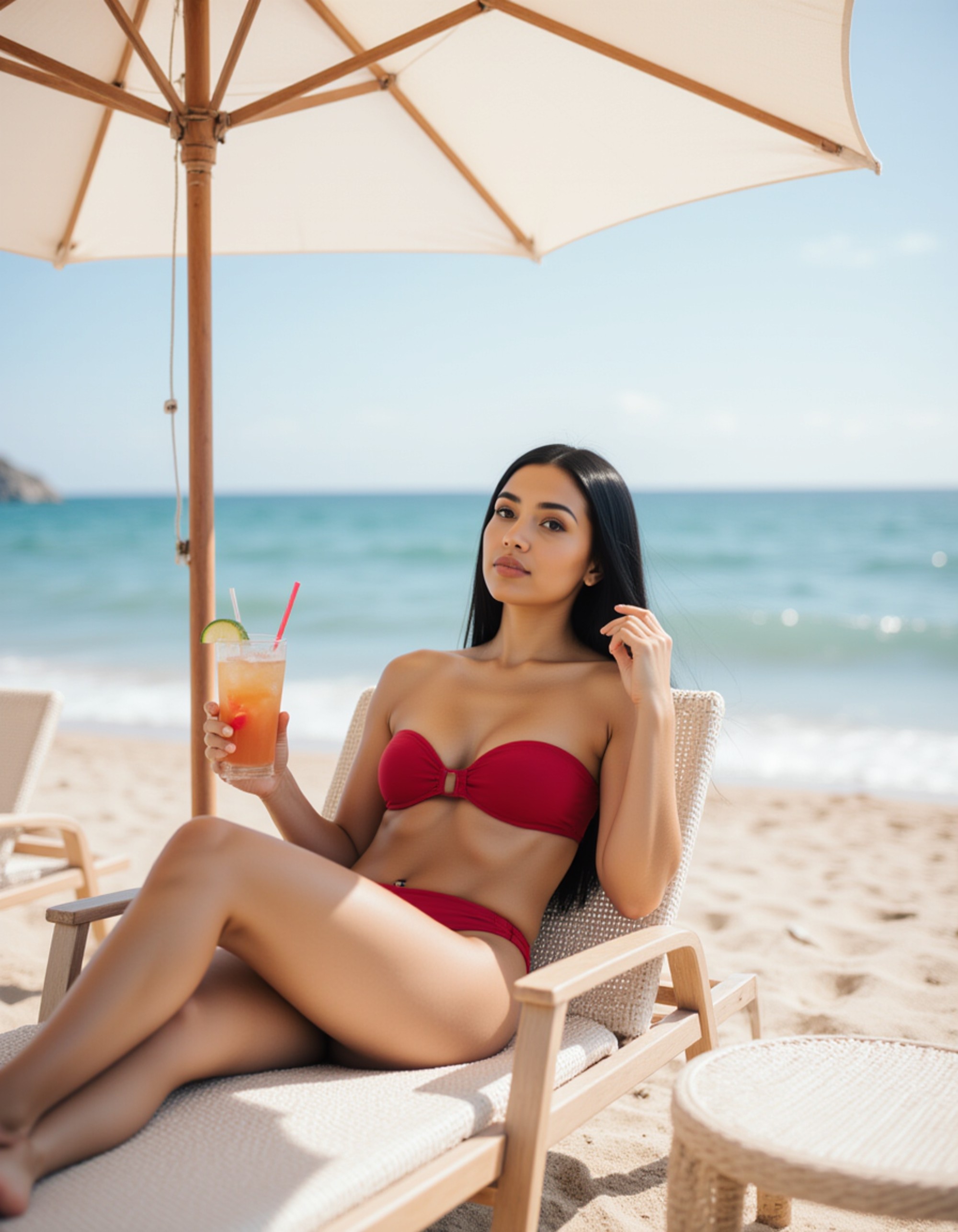 model in a red bandeau bikini, reclining on a beach chair under a white umbrella, holding a refreshing drink, calm sea and soft breeze completing a chic resort vibe.