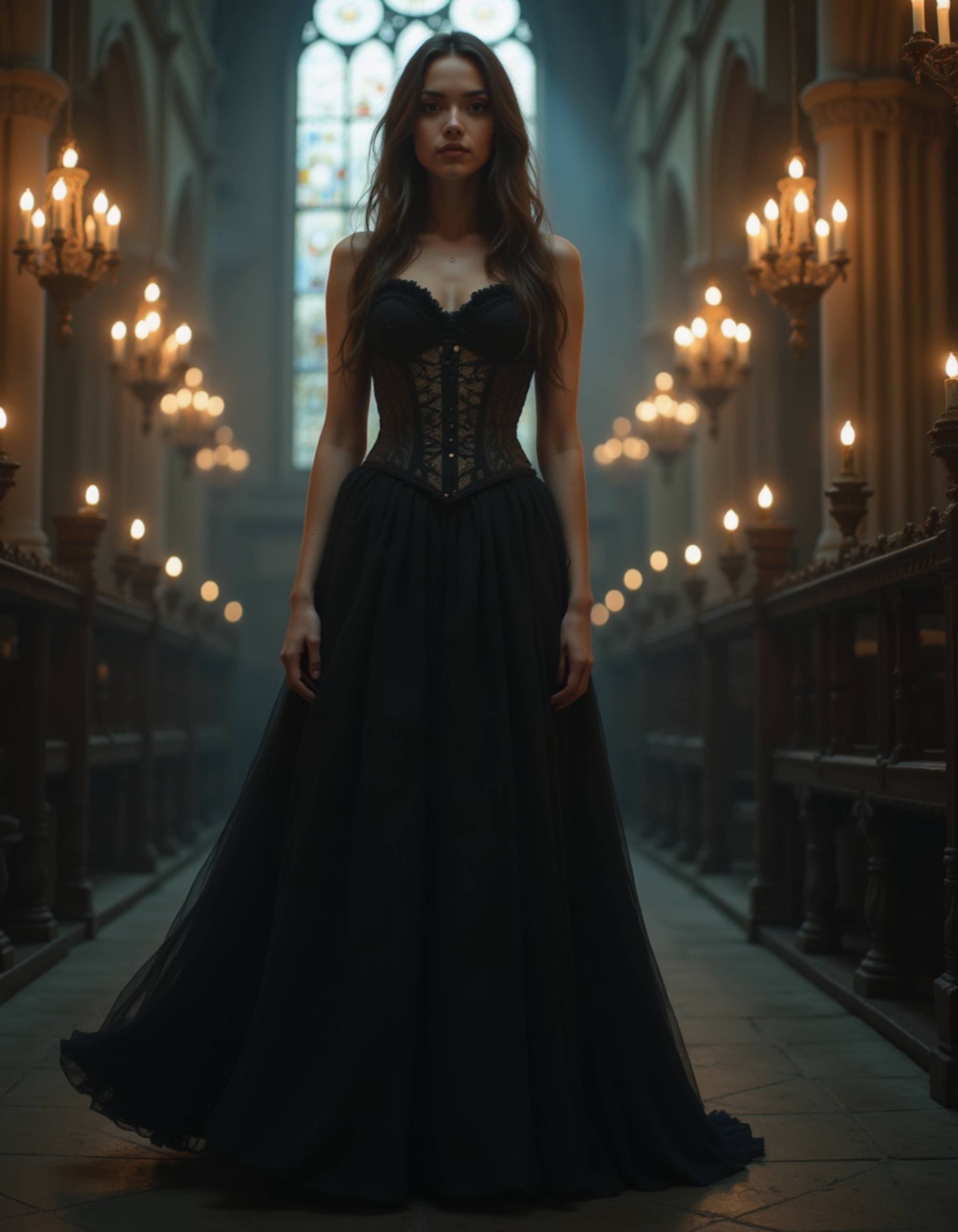 female goth model in a black lace corset and long flowing skirt, standing in a candle-lit cathedral with stained glass windows, smoky air and moonlight filtering through, dark gothic elegance and mysterious charm.