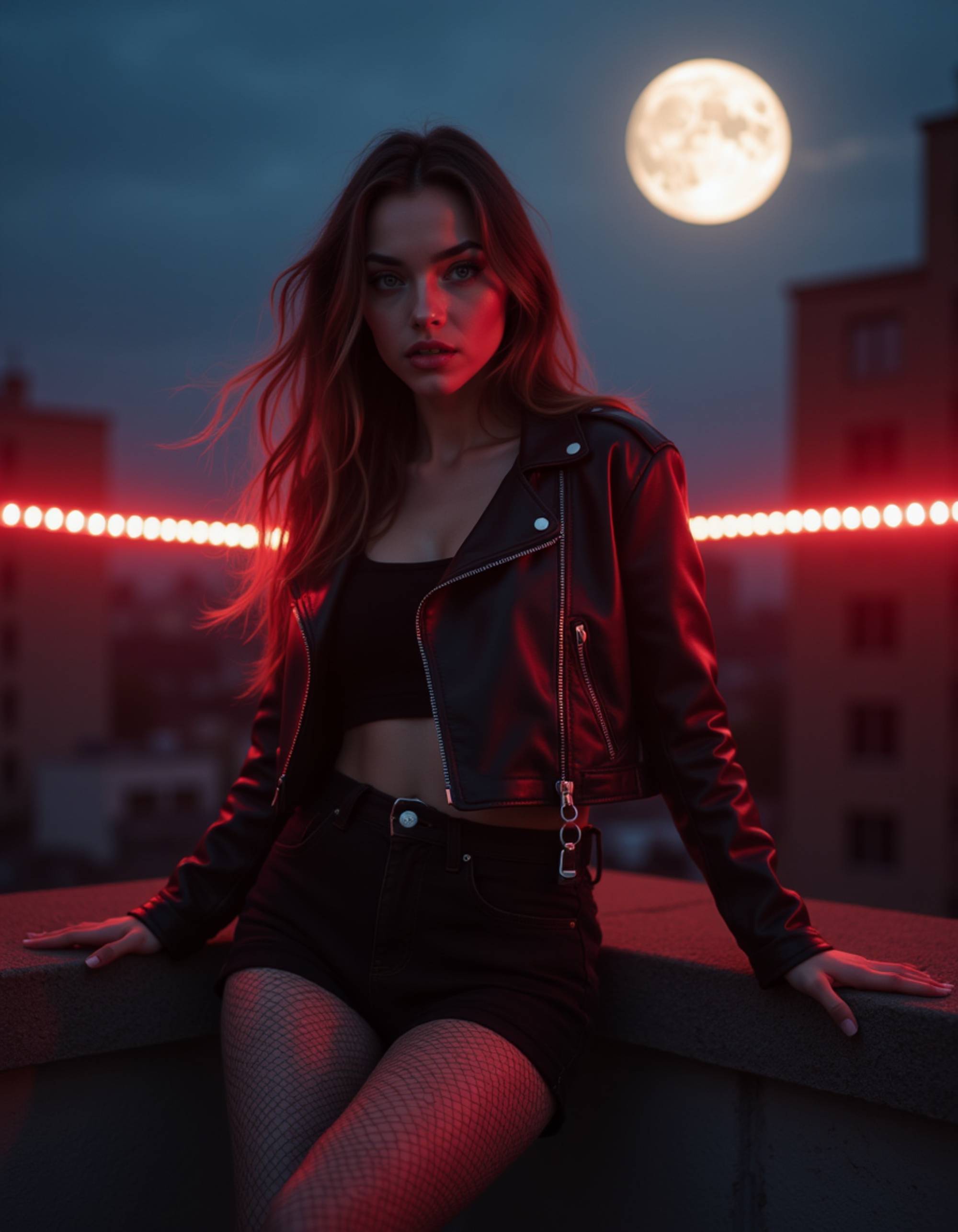 goth woman wearing a leather jacket and fishnet tights, posing on a dimly lit city rooftop under a full moon, red neon lights reflecting on her pale skin, edgy and modern goth fashion vibe.
