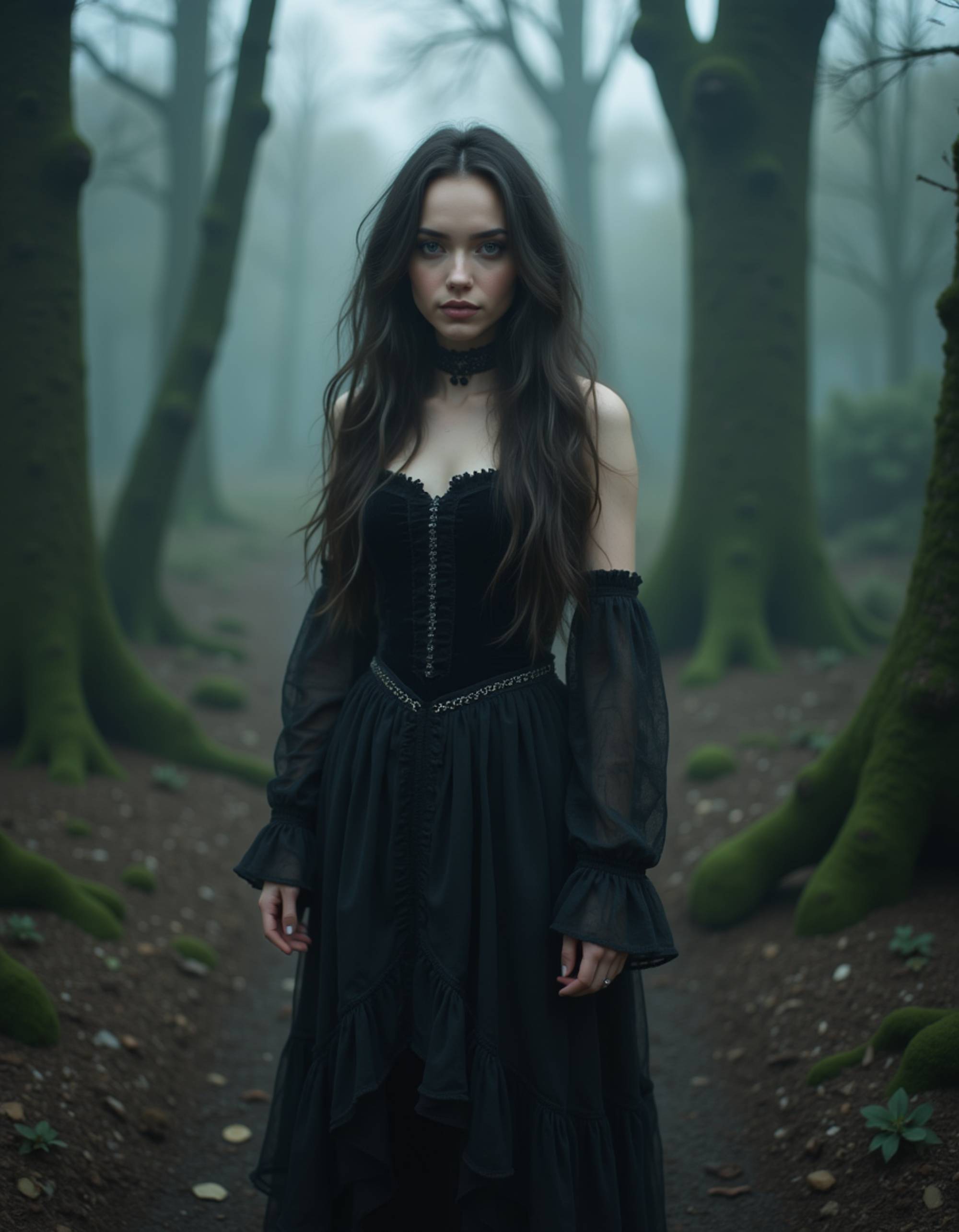 female goth model dressed in a velvet black dress and spiked choker, standing in a misty forest surrounded by ancient stones, ethereal and haunting goth fantasy atmosphere.