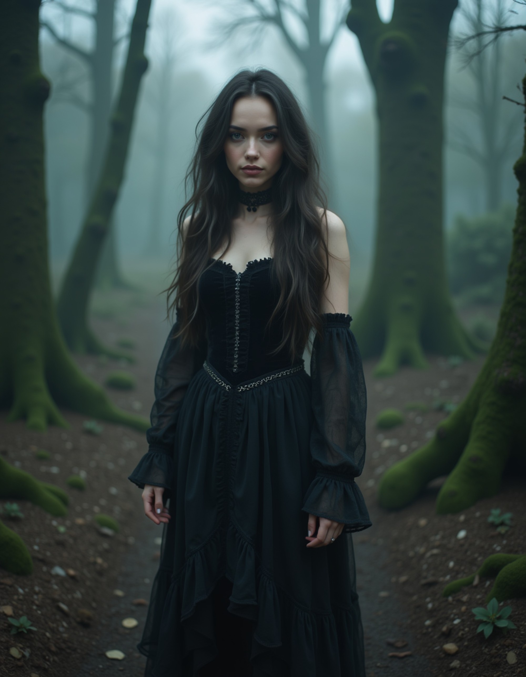female goth model dressed in a velvet black dress and spiked choker, standing in a misty forest surrounded by ancient stones, ethereal and haunting goth fantasy atmosphere.
