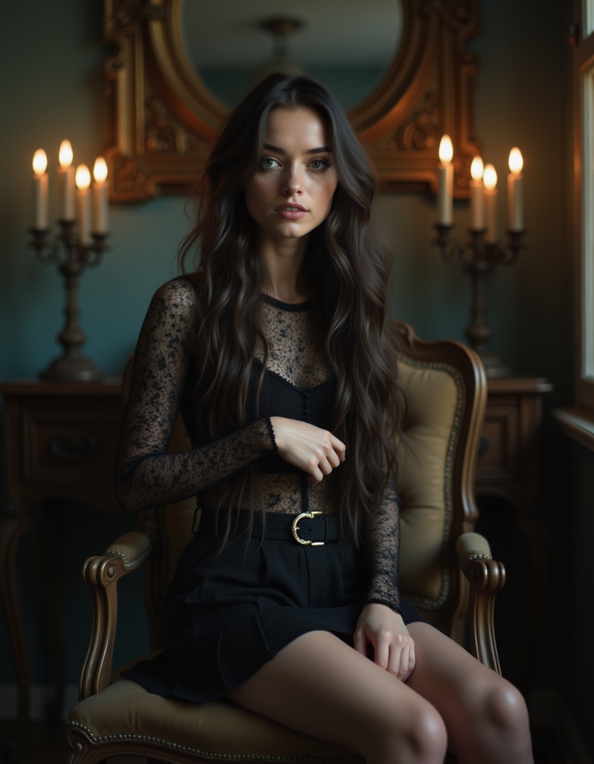 goth girl in sheer mesh top and black mini skirt, sitting on a vintage chair surrounded by candles and antique mirrors, smoky lighting and moody gothic portrait aesthetic.