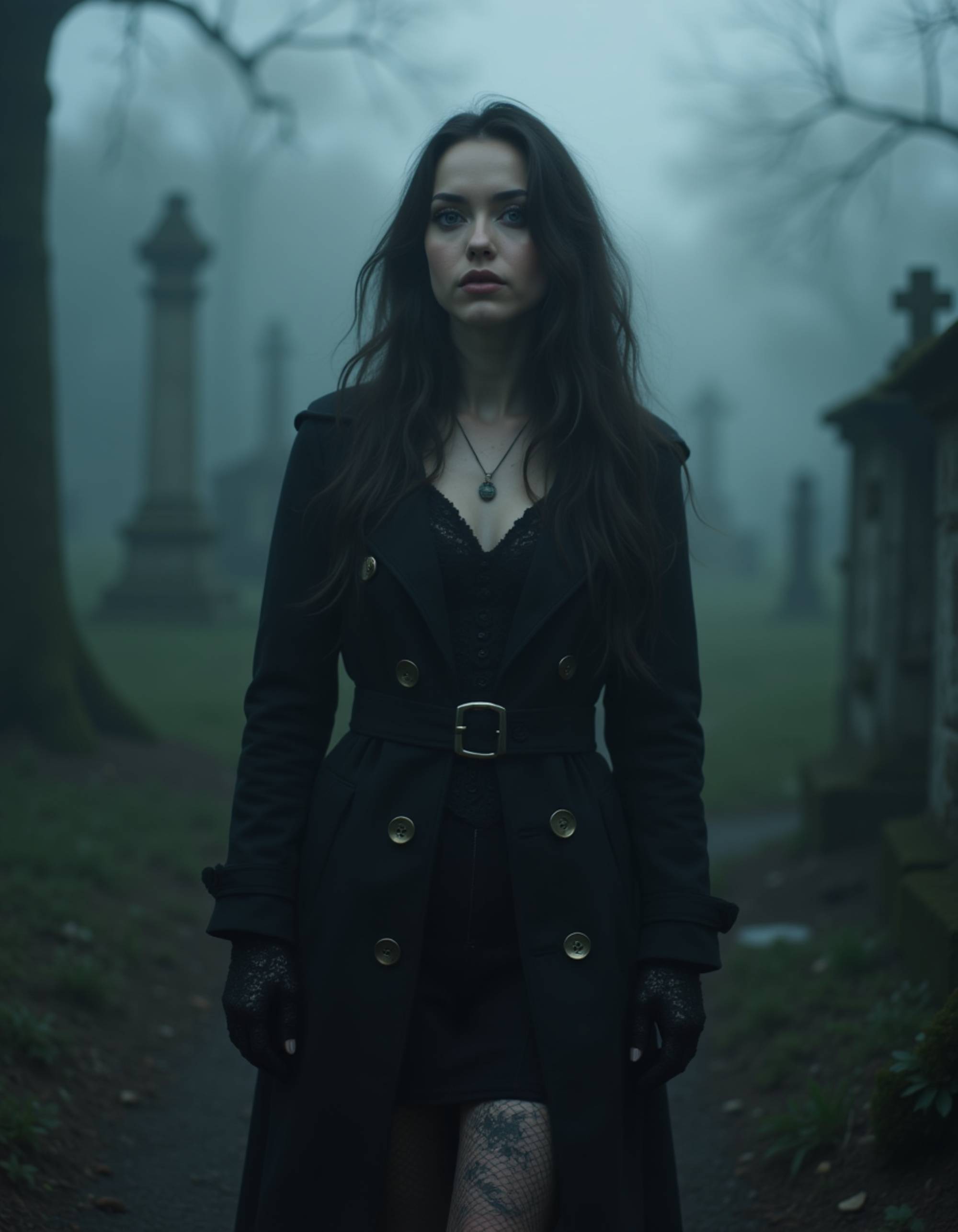 female goth model wearing a long black trench coat and lace gloves, walking through a foggy cemetery at twilight, dark romantic energy and cinematic gothic photography style.