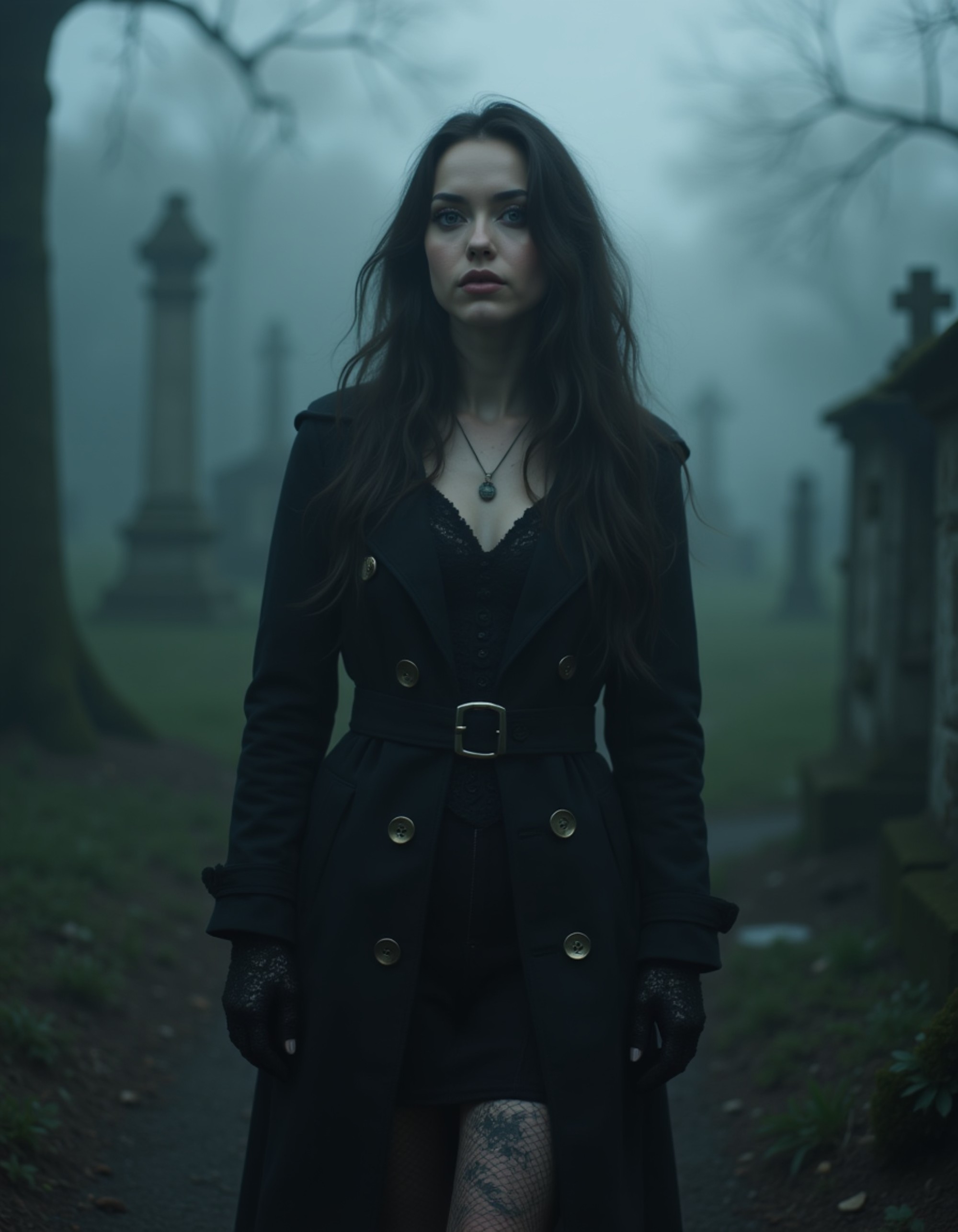 female goth model wearing a long black trench coat and lace gloves, walking through a foggy cemetery at twilight, dark romantic energy and cinematic gothic photography style.