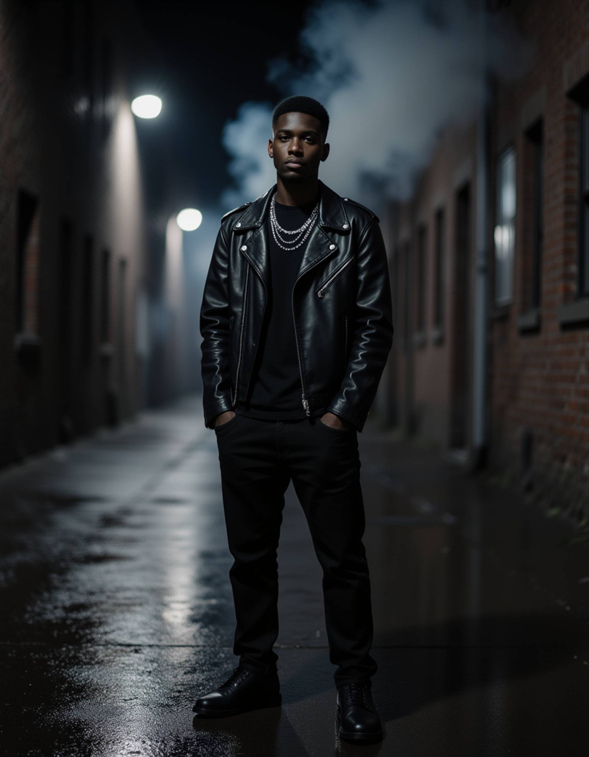 male model wearing a black leather jacket, dark jeans, and silver chains, standing under dim streetlights in a rainy alley, smoke rising in the background, brooding and mysterious goth atmosphere.
