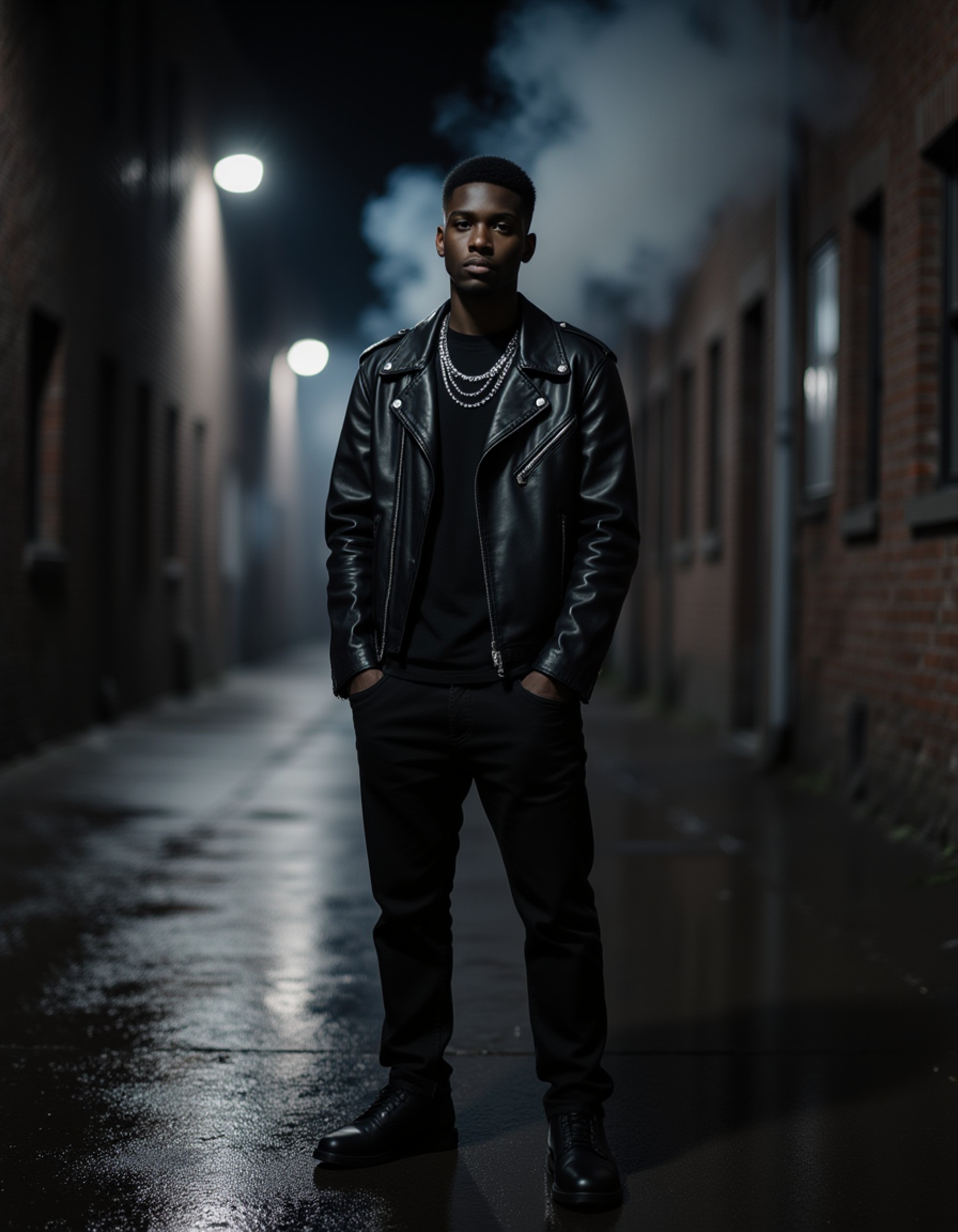 male model wearing a black leather jacket, dark jeans, and silver chains, standing under dim streetlights in a rainy alley, smoke rising in the background, brooding and mysterious goth atmosphere.