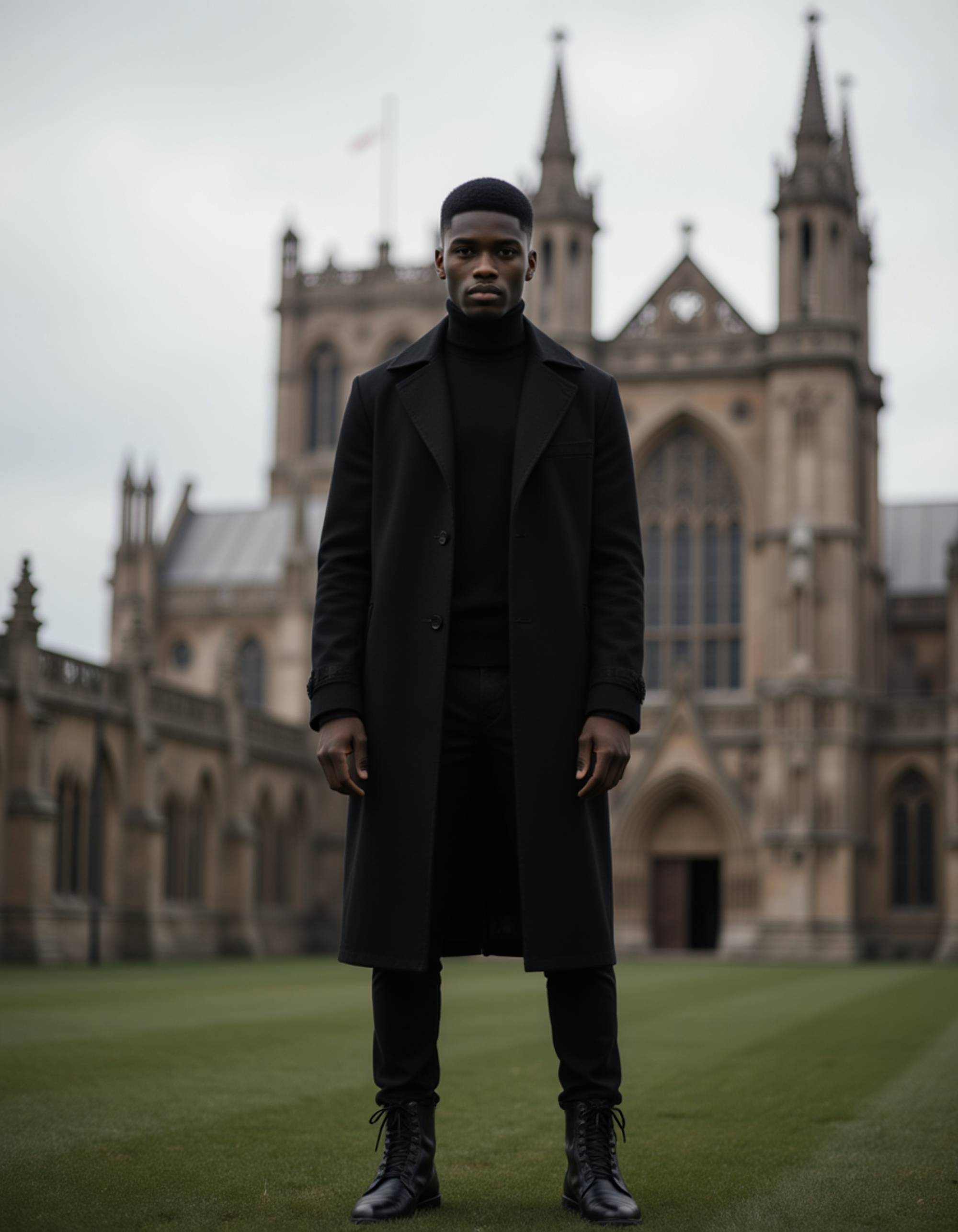 male model in a long black trench coat and lace-up boots, standing in front of a gothic cathedral with overcast skies, dramatic lighting highlighting his sharp features and dark eyeliner.