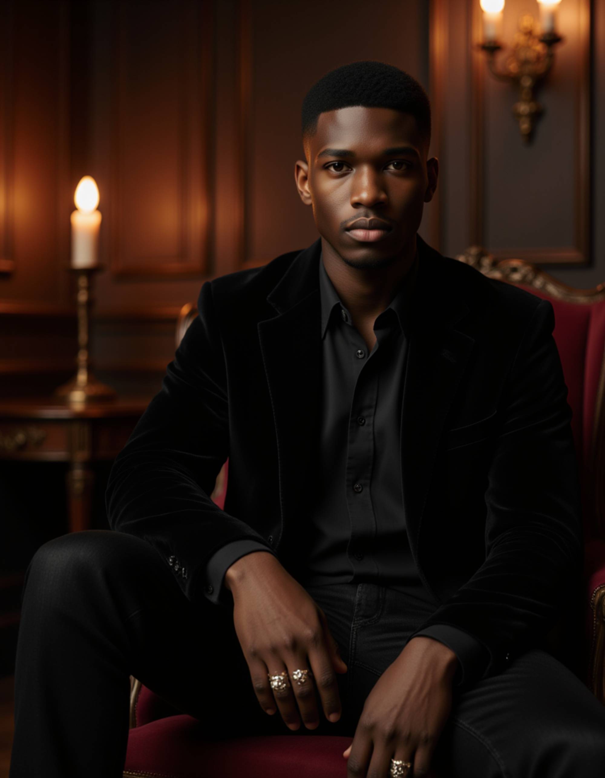 male model dressed in a velvet blazer and dark shirt with silver rings, sitting in a candle-lit Victorian room, deep shadows and antique decor creating a moody gothic elegance.