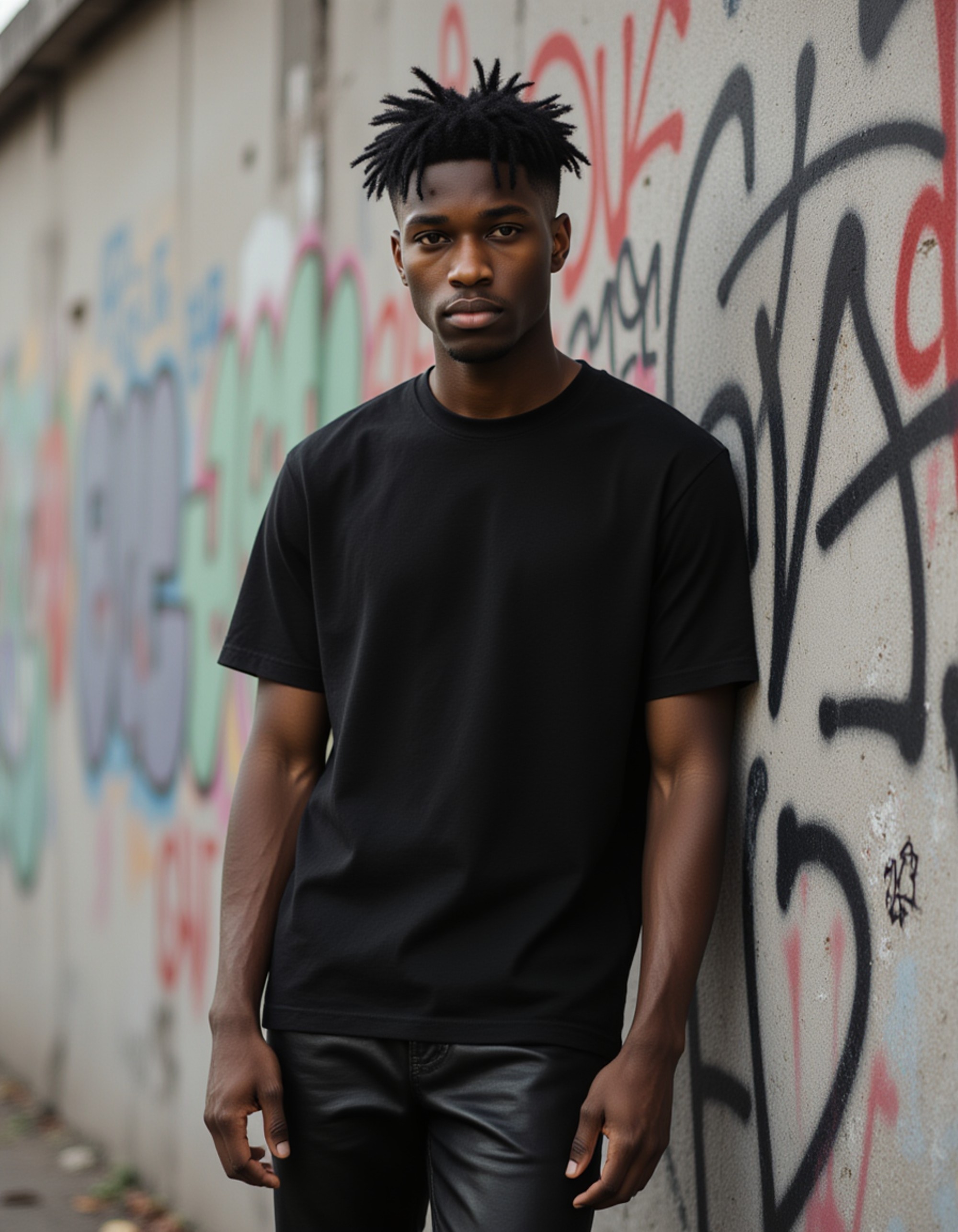 male model wearing a torn black shirt and leather pants, leaning against a cracked concrete wall covered in graffiti, black nails and messy hair giving a rebellious urban goth vibe.