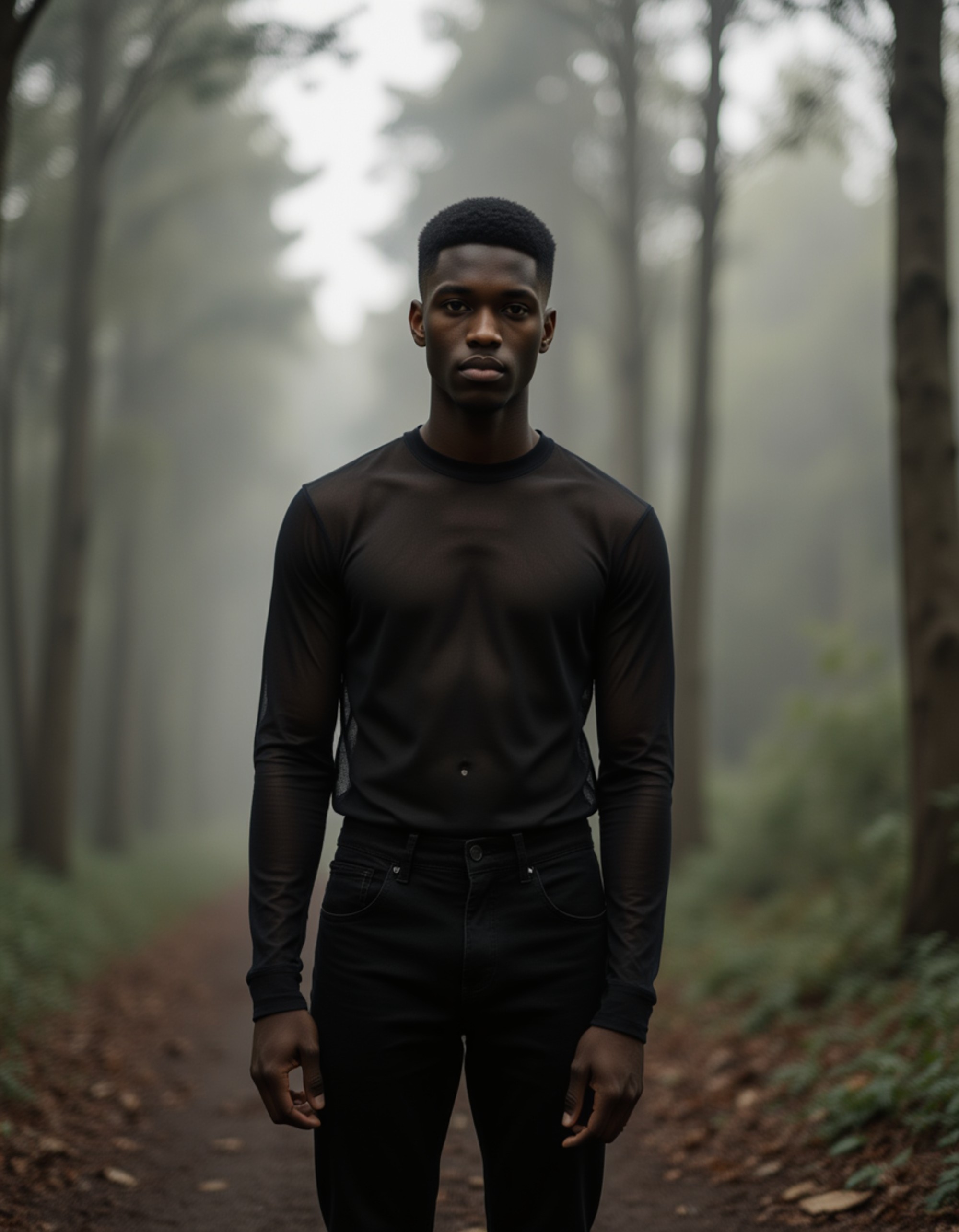 male model in a sheer black mesh top and layered accessories, standing in misty woods with pale light filtering through, ethereal and haunting dark fantasy mood.