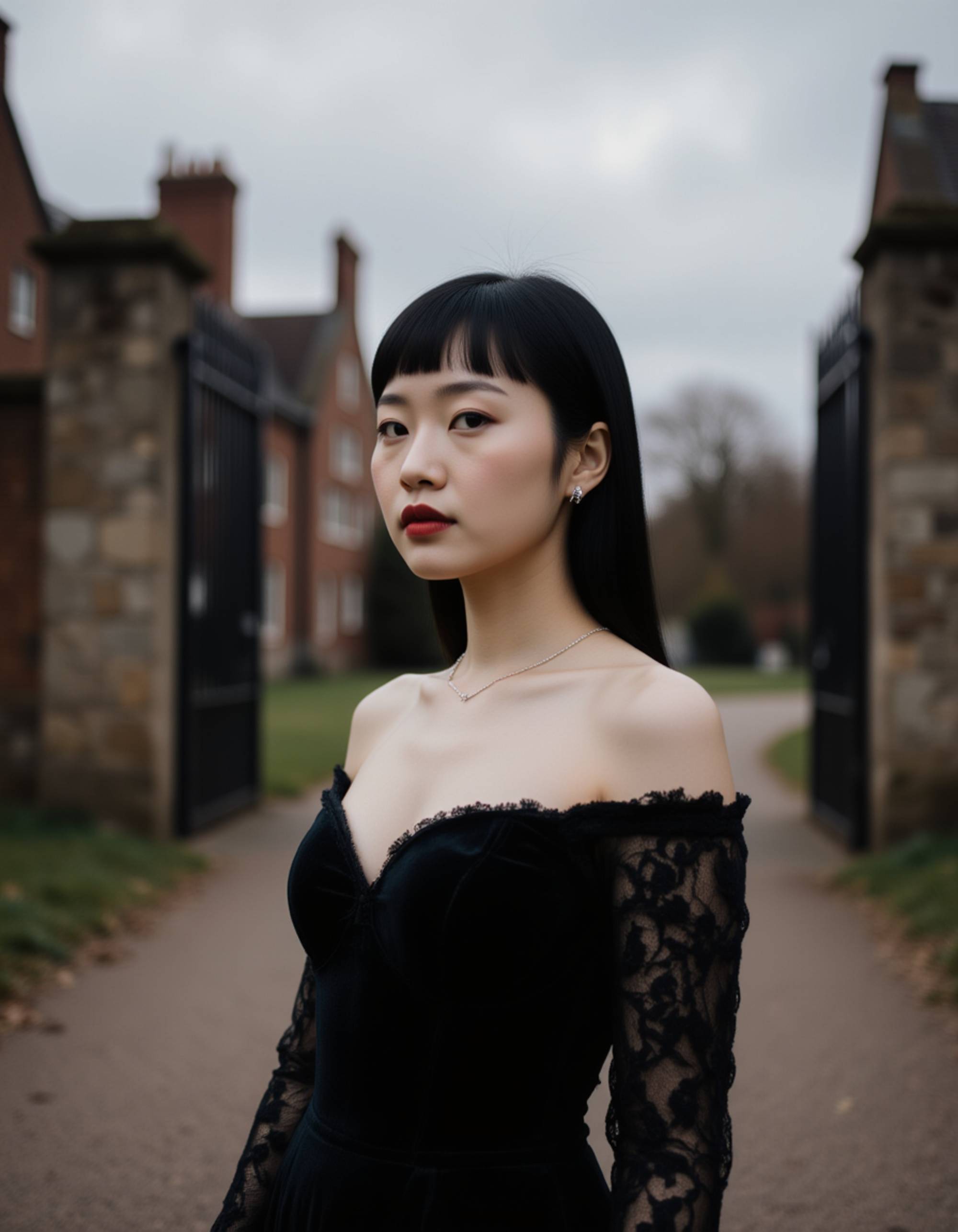 female goth model wearing a black velvet corset with lace sleeves, standing before a gothic castle gate under a cloudy sky, silver jewelry and deep red lipstick completing a dark romantic goth fashion look.