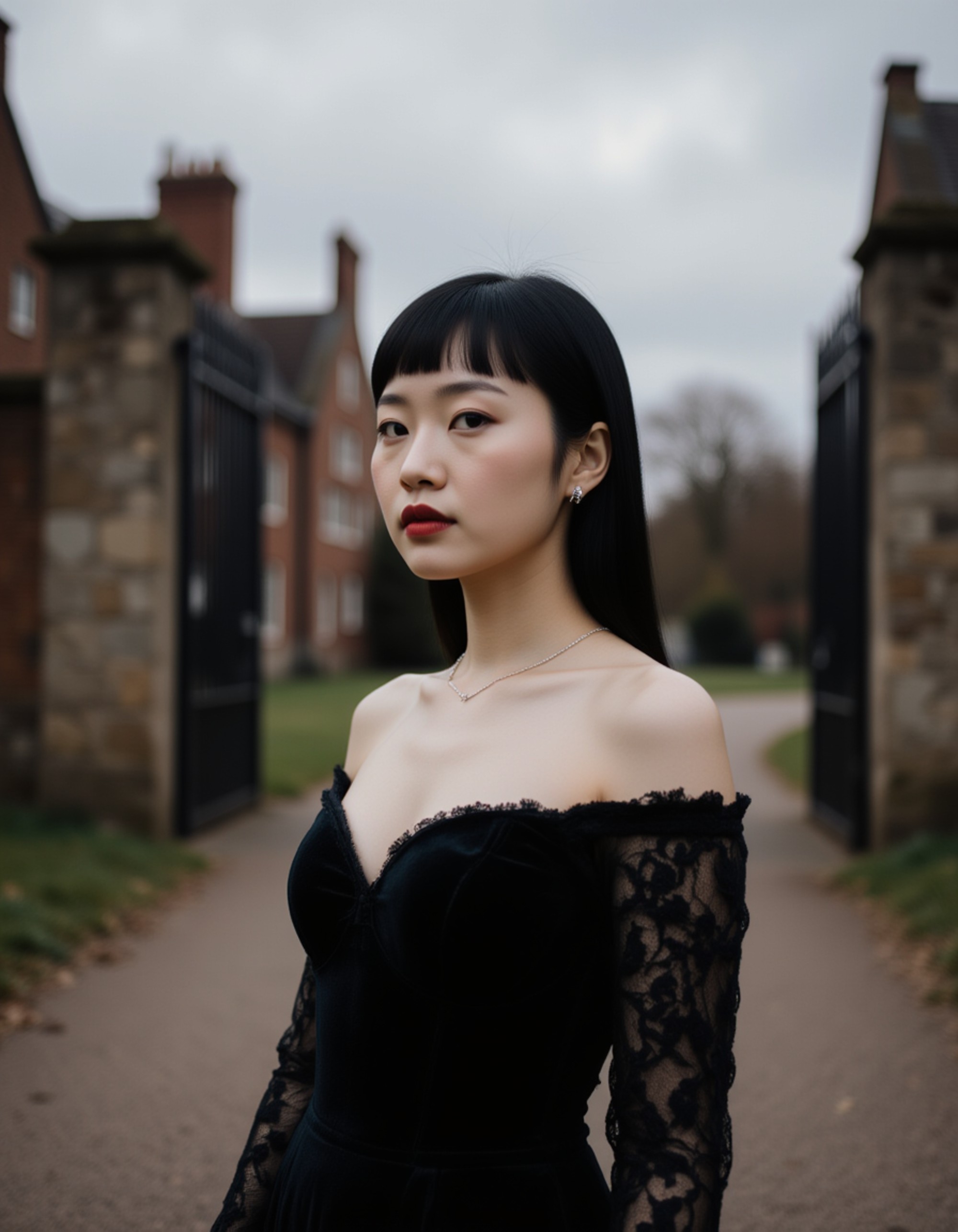 female goth model wearing a black velvet corset with lace sleeves, standing before a gothic castle gate under a cloudy sky, silver jewelry and deep red lipstick completing a dark romantic goth fashion look.