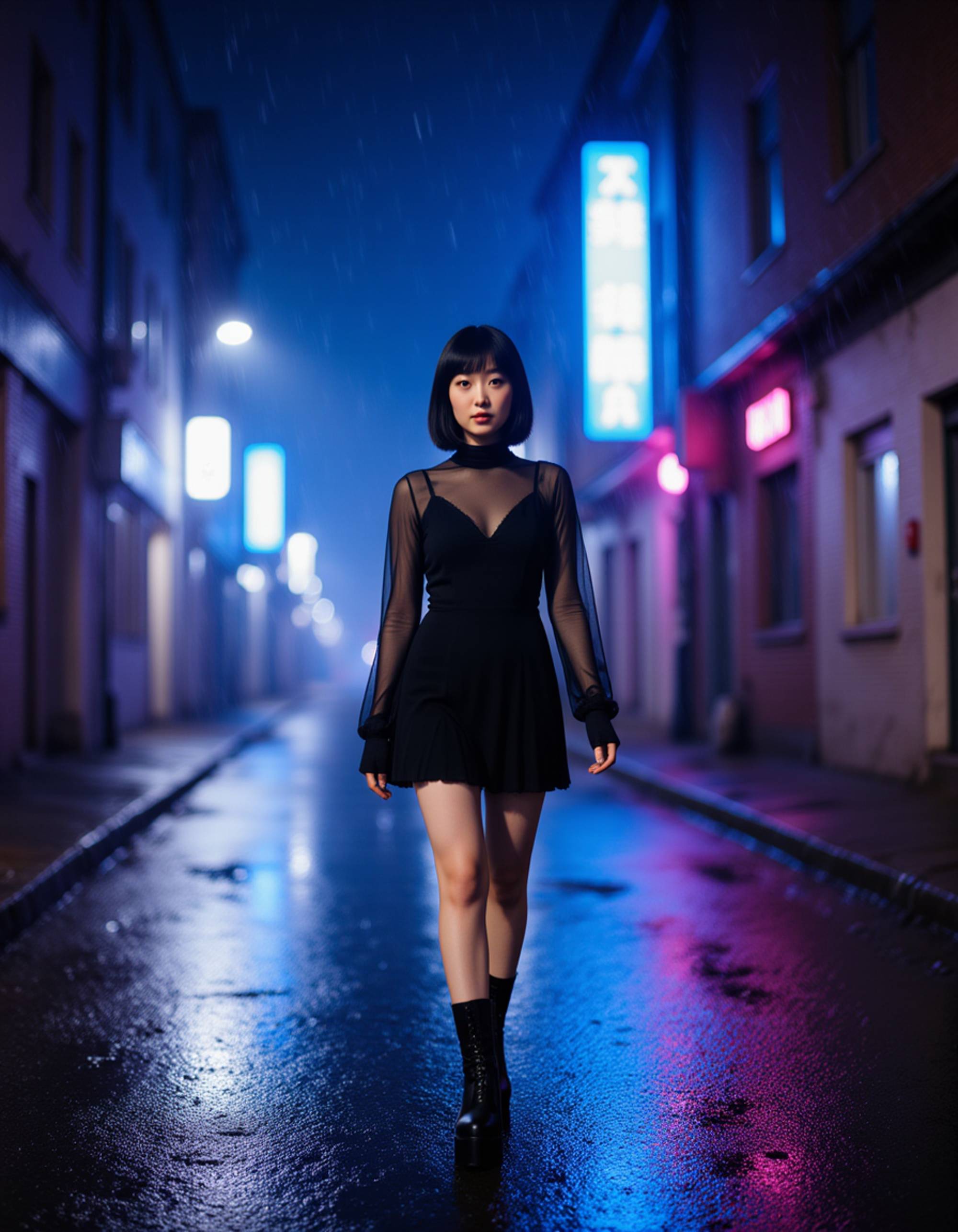 goth woman dressed in a sheer black dress with platform boots, walking down a rain-soaked street illuminated by blue and purple neon lights, modern and cinematic urban goth style.
