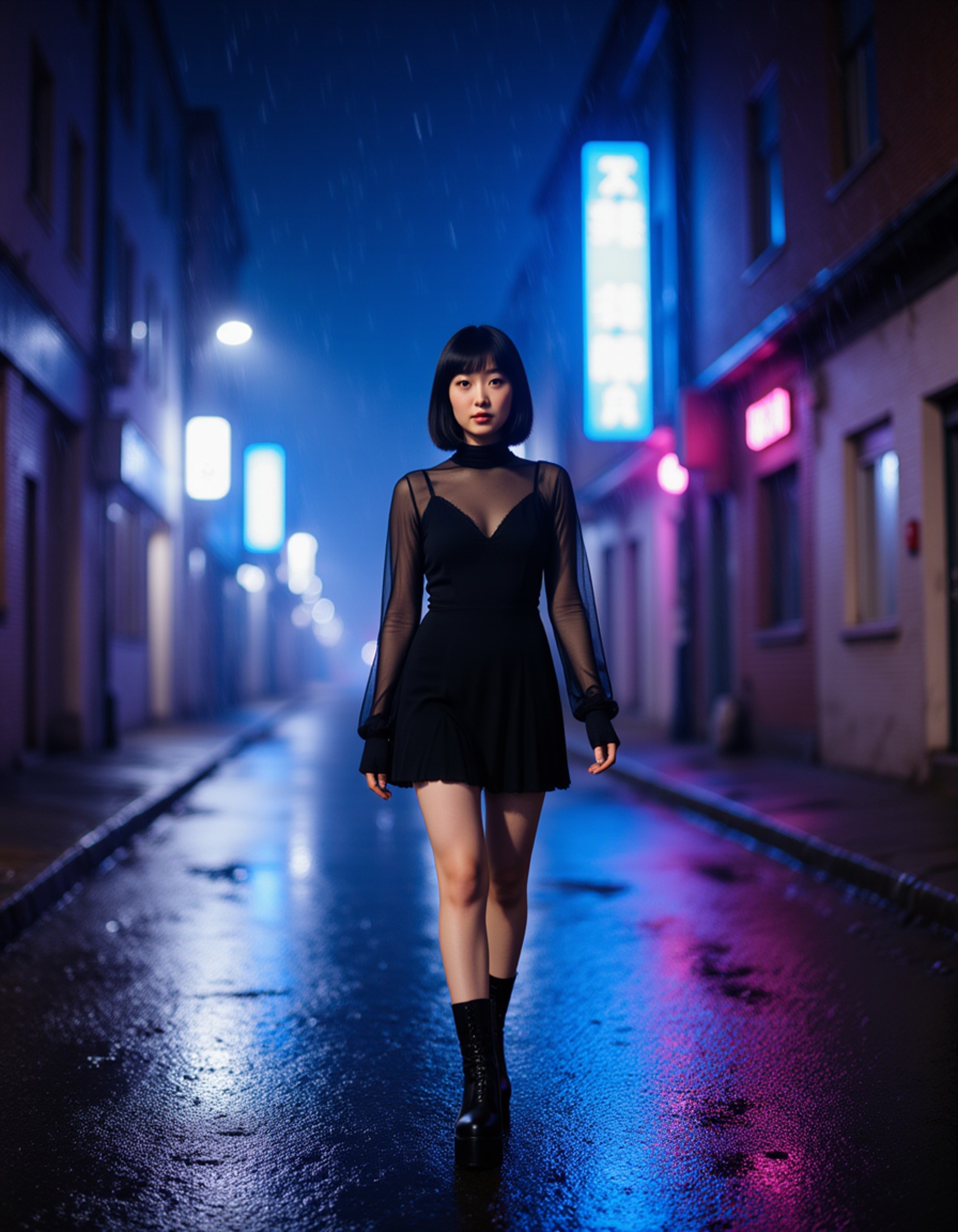 goth woman dressed in a sheer black dress with platform boots, walking down a rain-soaked street illuminated by blue and purple neon lights, modern and cinematic urban goth style.