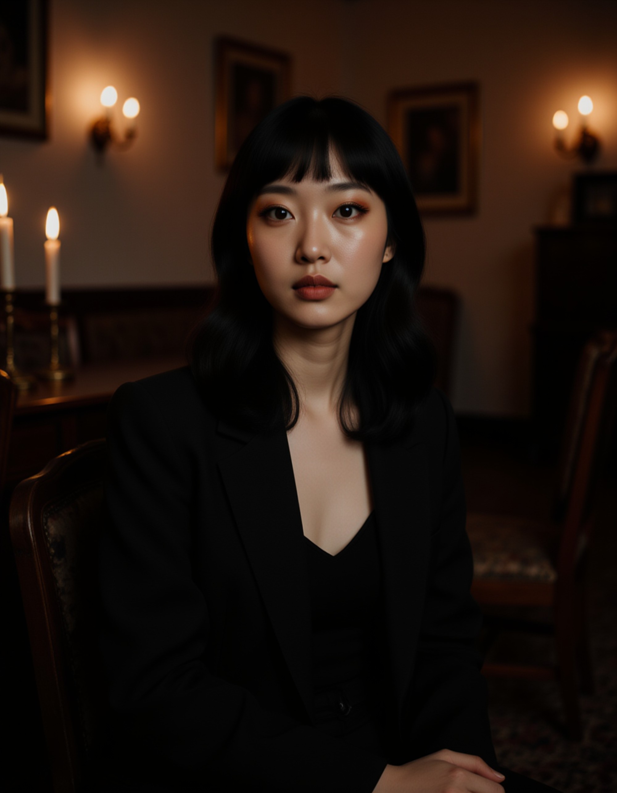 female goth model with dark eyeliner and long wavy hair, sitting in a dim candle-lit room surrounded by vintage furniture, dramatic shadows creating a mysterious gothic portrait.