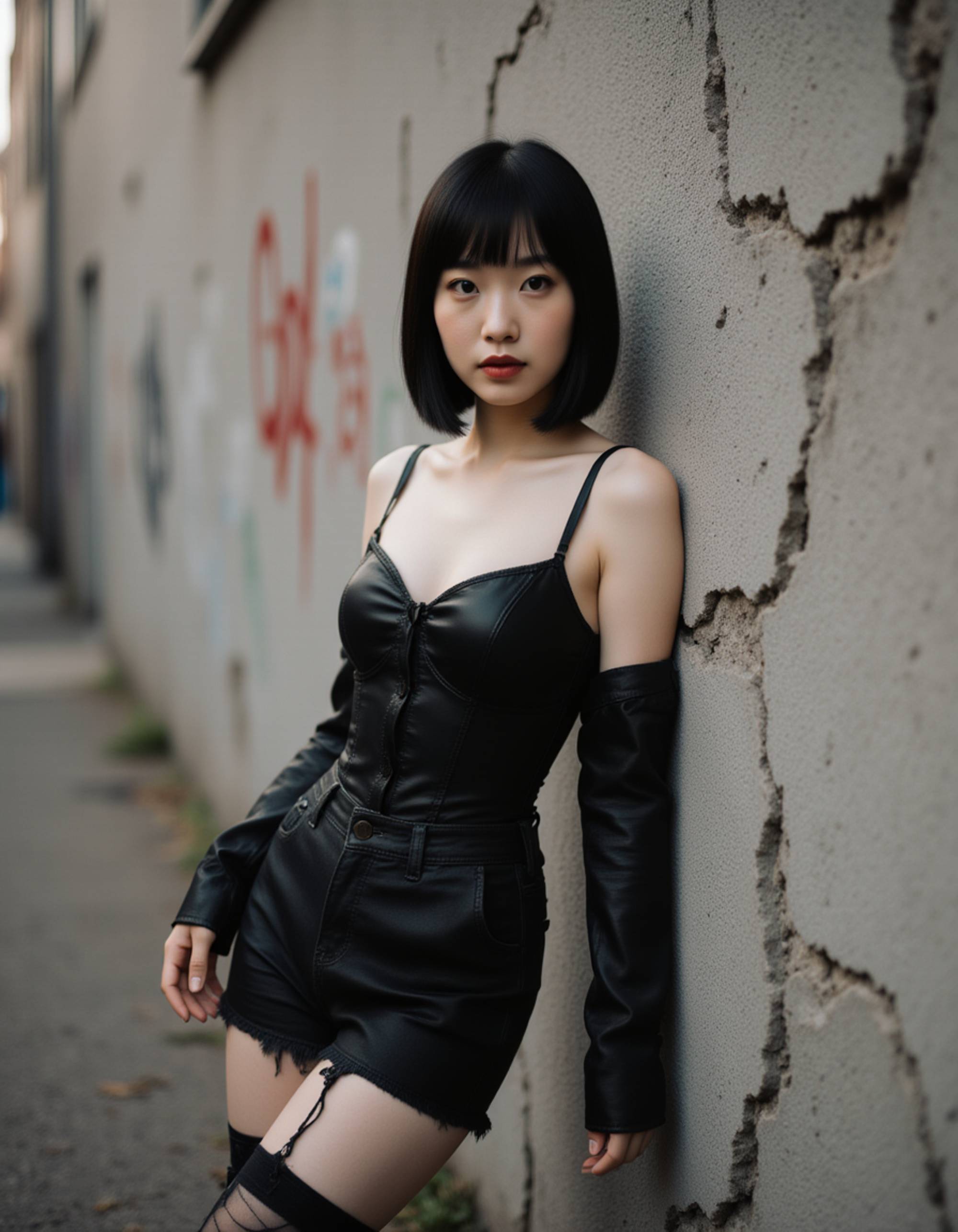 goth girl wearing a leather corset and torn stockings, leaning against a cracked concrete wall with graffiti, rebellious and sensual alternative goth street aesthetic.