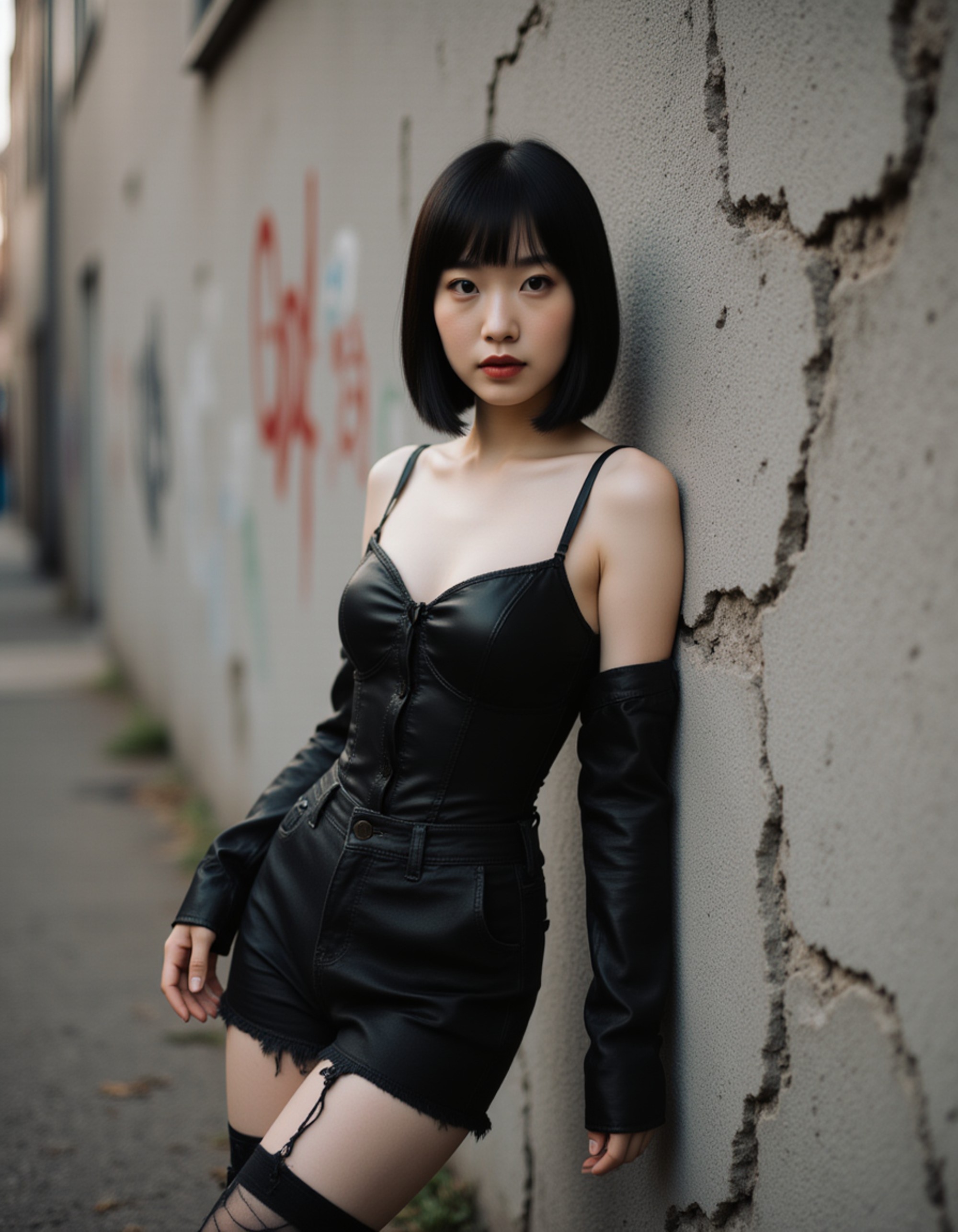 goth girl wearing a leather corset and torn stockings, leaning against a cracked concrete wall with graffiti, rebellious and sensual alternative goth street aesthetic.