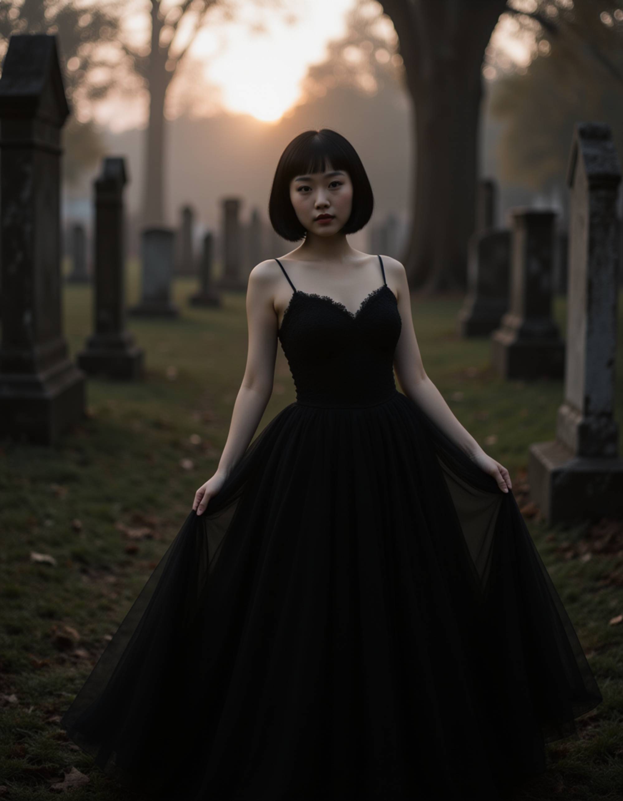female goth model in a black lace gown with flowing fabric, posing in a misty graveyard at sunrise, pale skin glowing against dark surroundings, elegant and haunting goth beauty vibe.