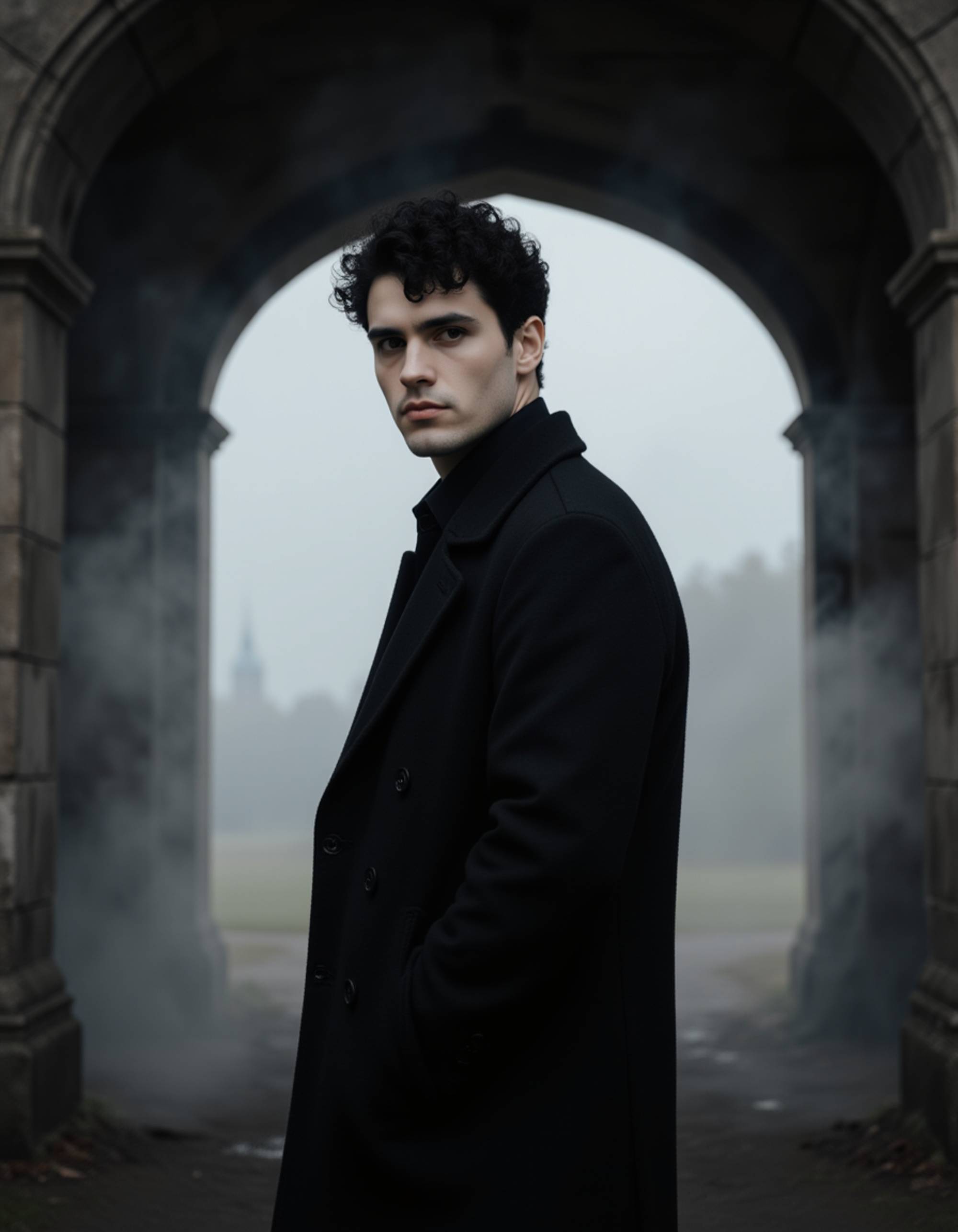 male goth model wearing a black tailored coat and dark eyeliner, standing beneath a stone archway with fog swirling around him, moody lighting enhancing his pale gothic look.