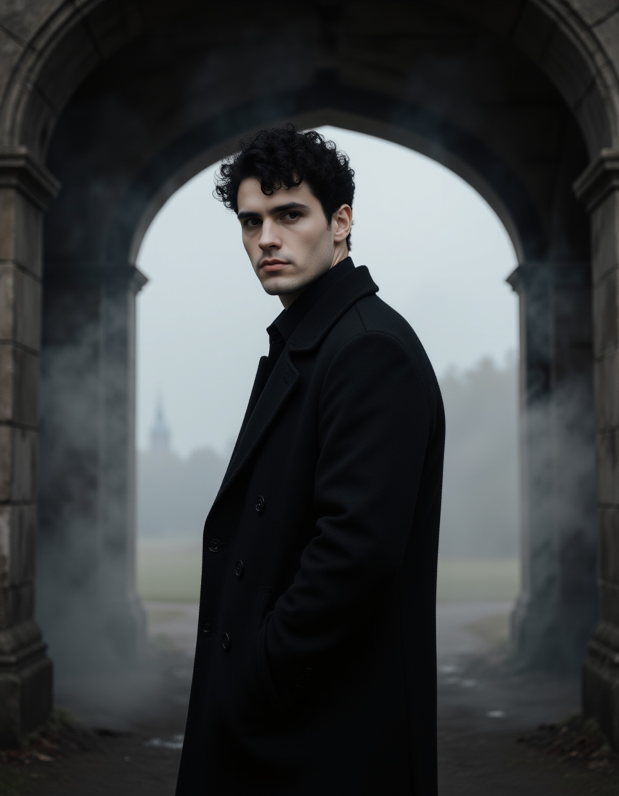 male goth model wearing a black tailored coat and dark eyeliner, standing beneath a stone archway with fog swirling around him, moody lighting enhancing his pale gothic look.