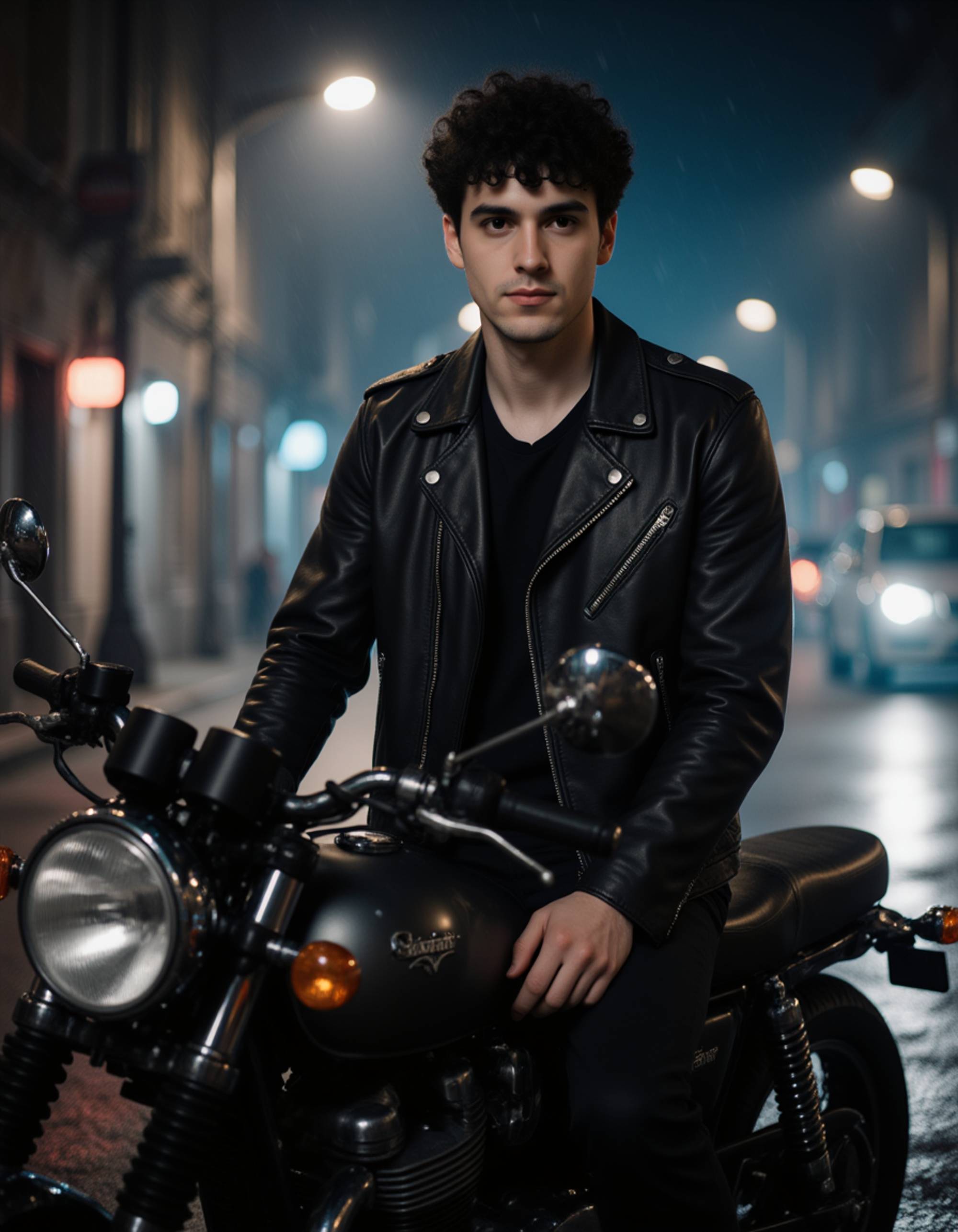 goth man in a leather jacket and chains, sitting on a vintage motorcycle under dim streetlights, smoke and rain creating a cinematic dark urban goth atmosphere.