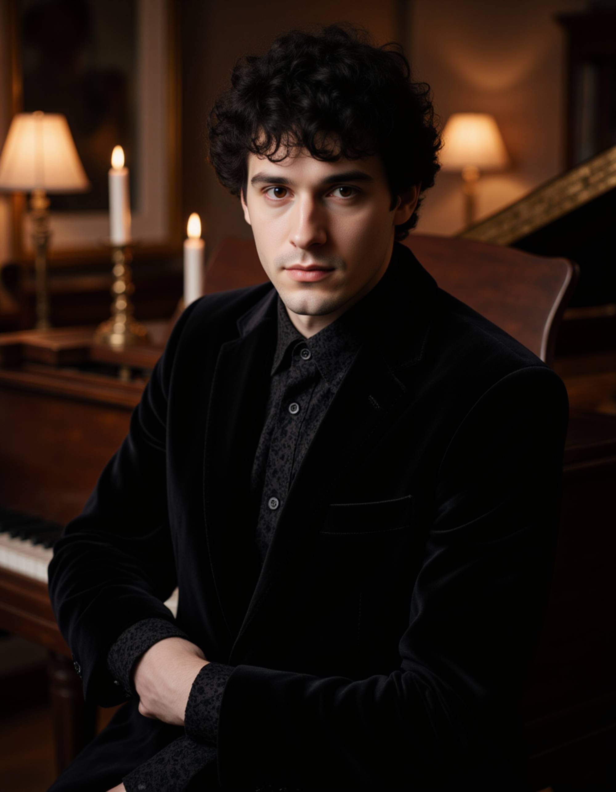 male goth model dressed in a velvet blazer and lace shirt, leaning on an antique piano in a candle-lit Victorian room, elegant and mysterious gothic portrait style.