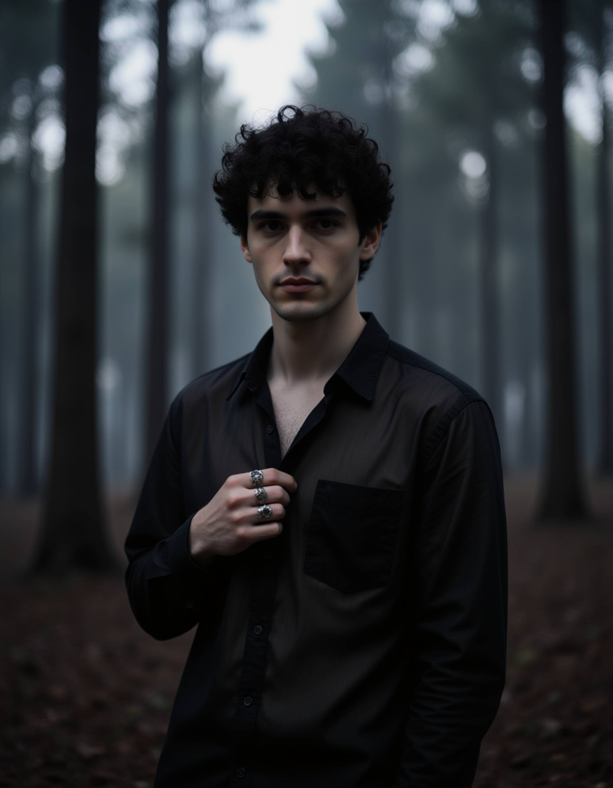 goth man wearing a sheer black shirt and silver rings, standing in a forest at twilight, mist and moonlight creating an ethereal and brooding gothic mood.