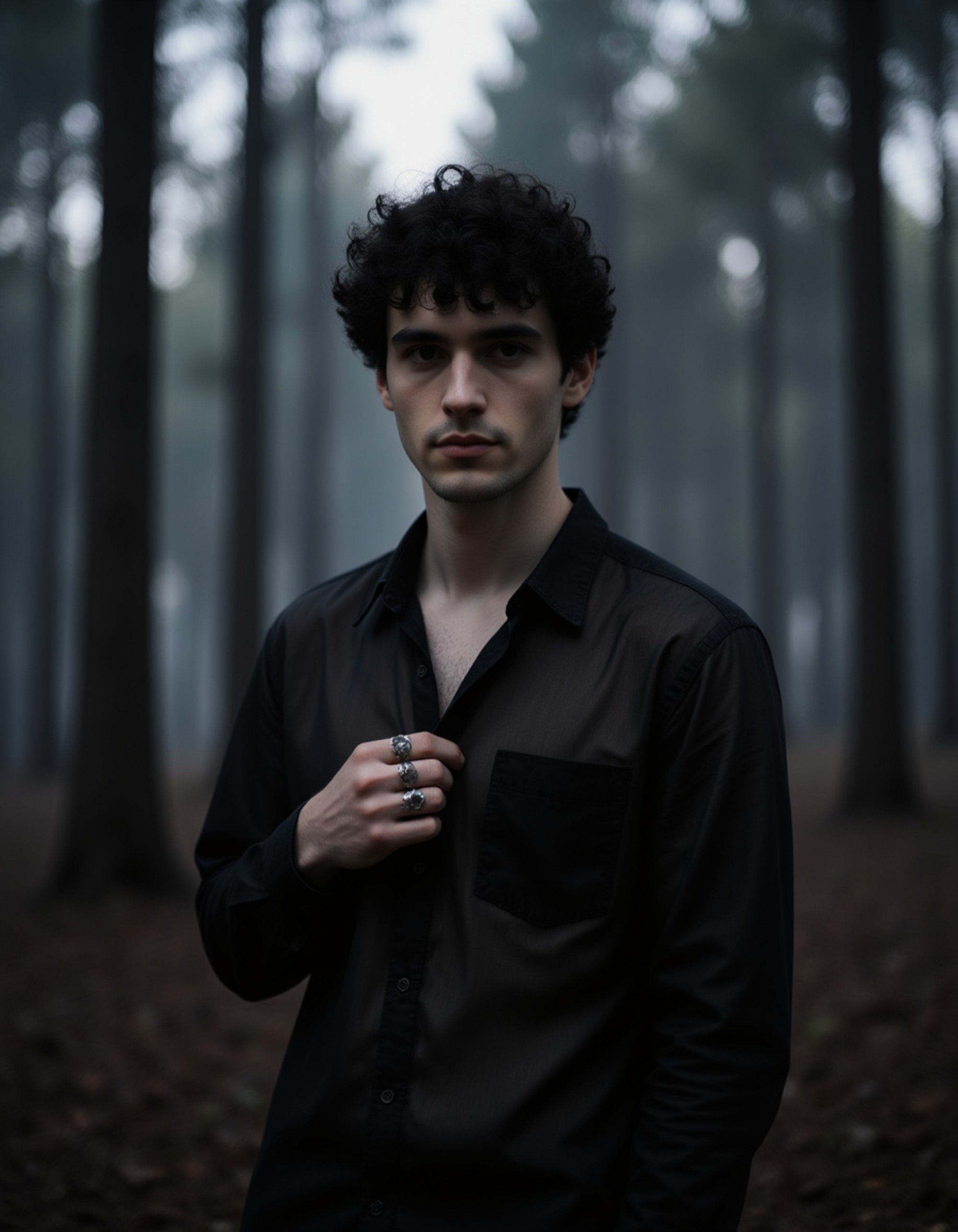 goth man wearing a sheer black shirt and silver rings, standing in a forest at twilight, mist and moonlight creating an ethereal and brooding gothic mood.