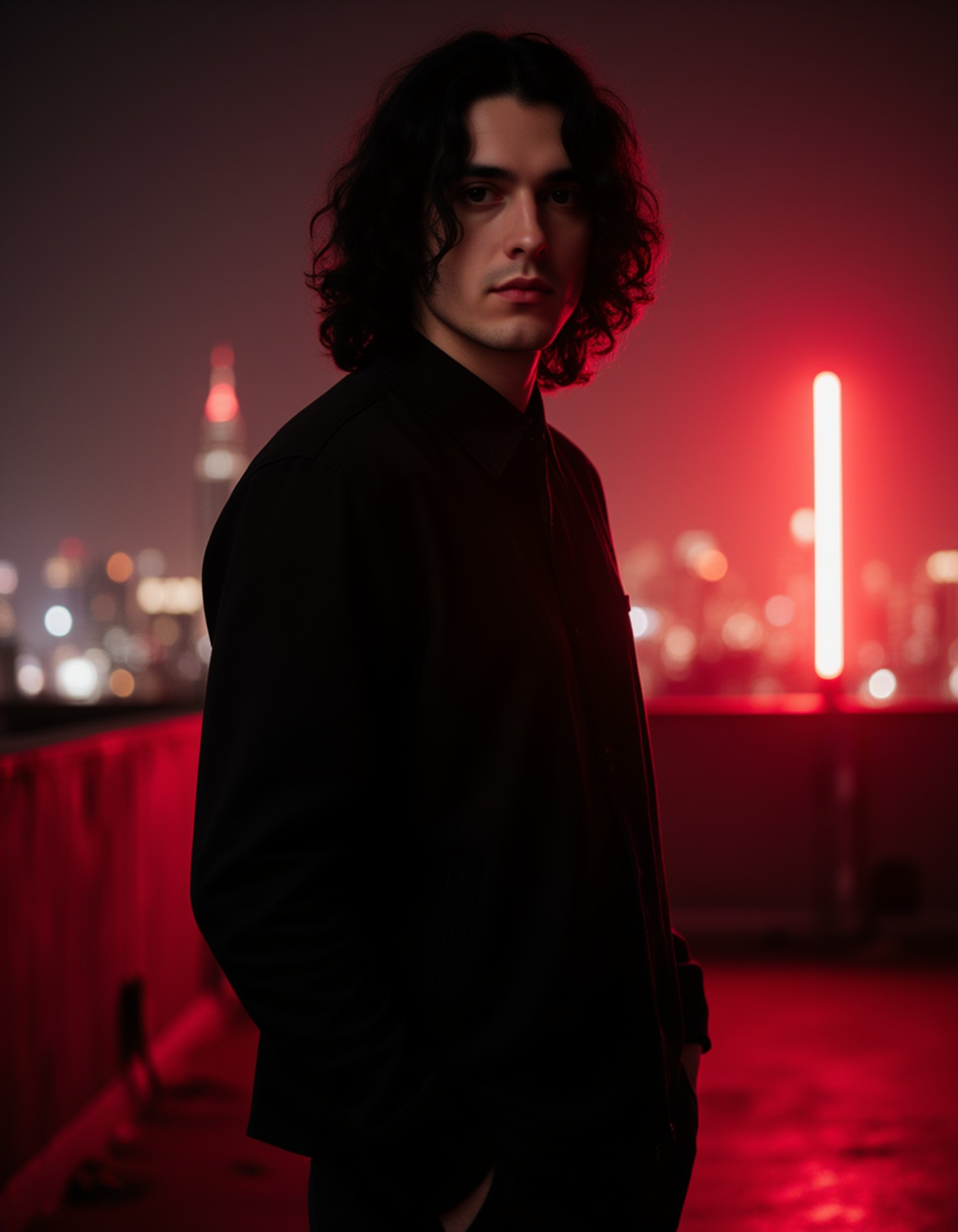 male goth model with long black hair and pale skin, standing on a rooftop at night under neon red lights, bold, moody, and modern goth fashion aesthetic.