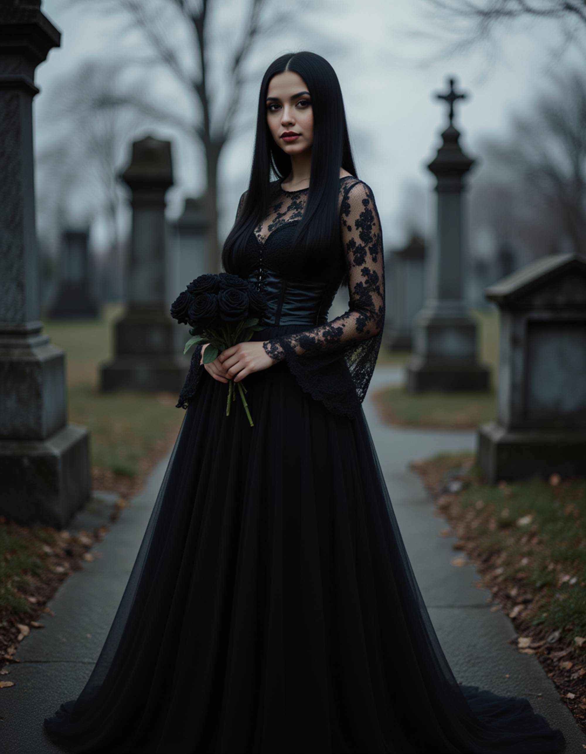 female goth model wearing an intricate black lace gown with corset details and long bell sleeves, standing in a misty graveyard surrounded by ancient tombstones, black roses in hand, pale skin glowing under moonlight, deeply gothic and romantic atmosphere.
