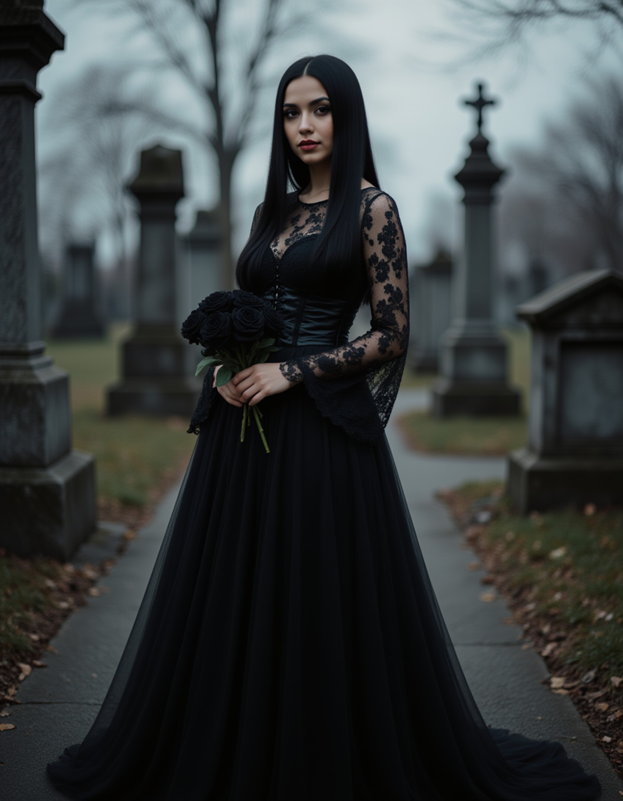 female goth model wearing an intricate black lace gown with corset details and long bell sleeves, standing in a misty graveyard surrounded by ancient tombstones, black roses in hand, pale skin glowing under moonlight, deeply gothic and romantic atmosphere.