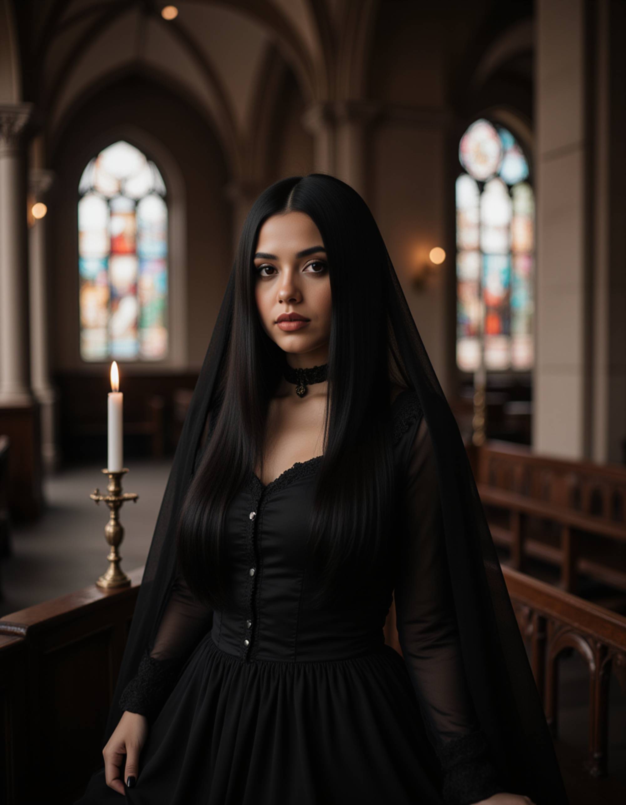 goth woman dressed in a Victorian-inspired dress with a high collar, velvet choker, and dark veil, posing inside a candle-lit cathedral with cracked stained glass, eerie shadows and haunting gothic elegance filling the scene.