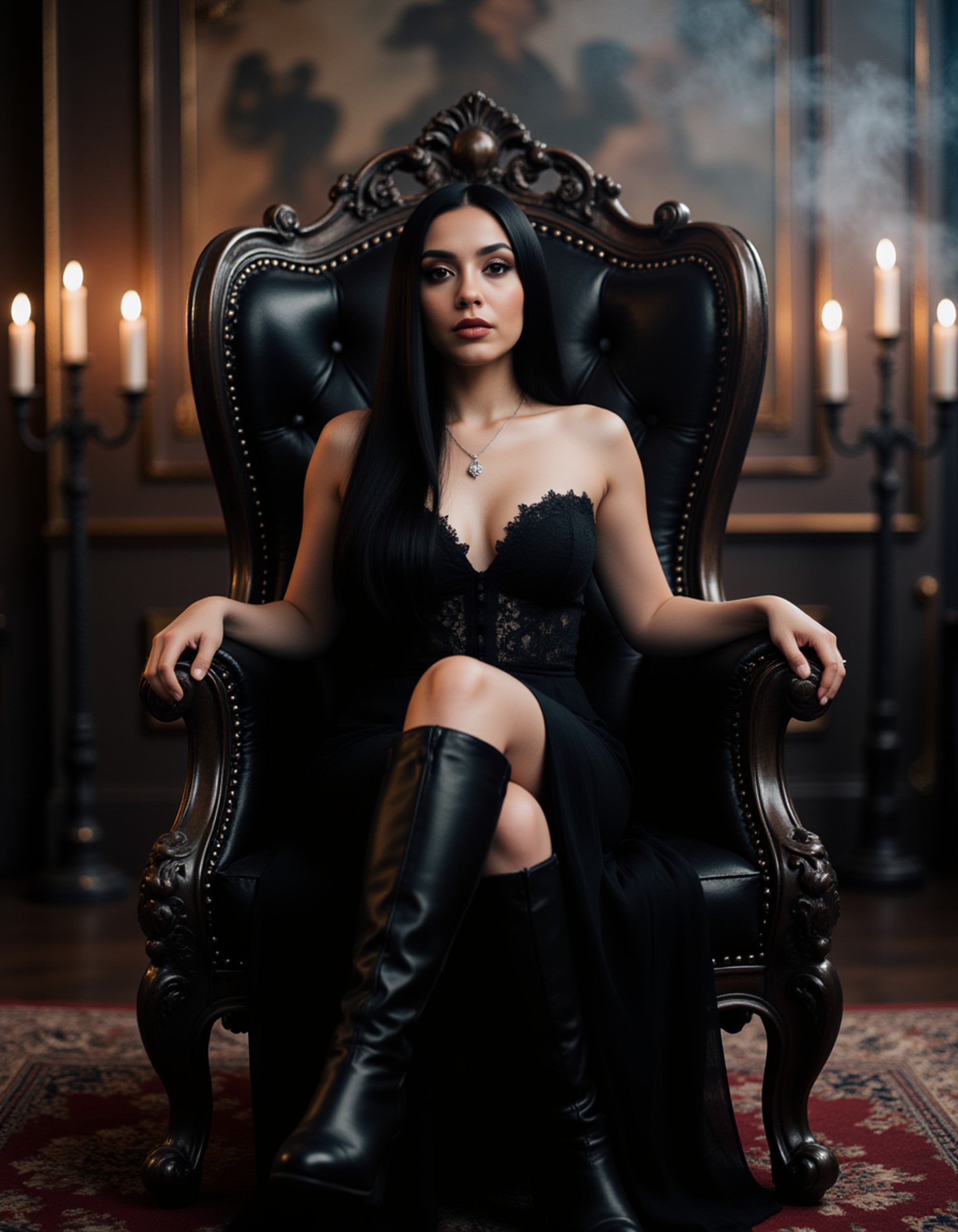 female goth model in a torn lace dress and thigh-high boots, sitting on a throne made of black iron and skull motifs, surrounded by flickering candles and smoke, dark regal energy with occult gothic undertones.