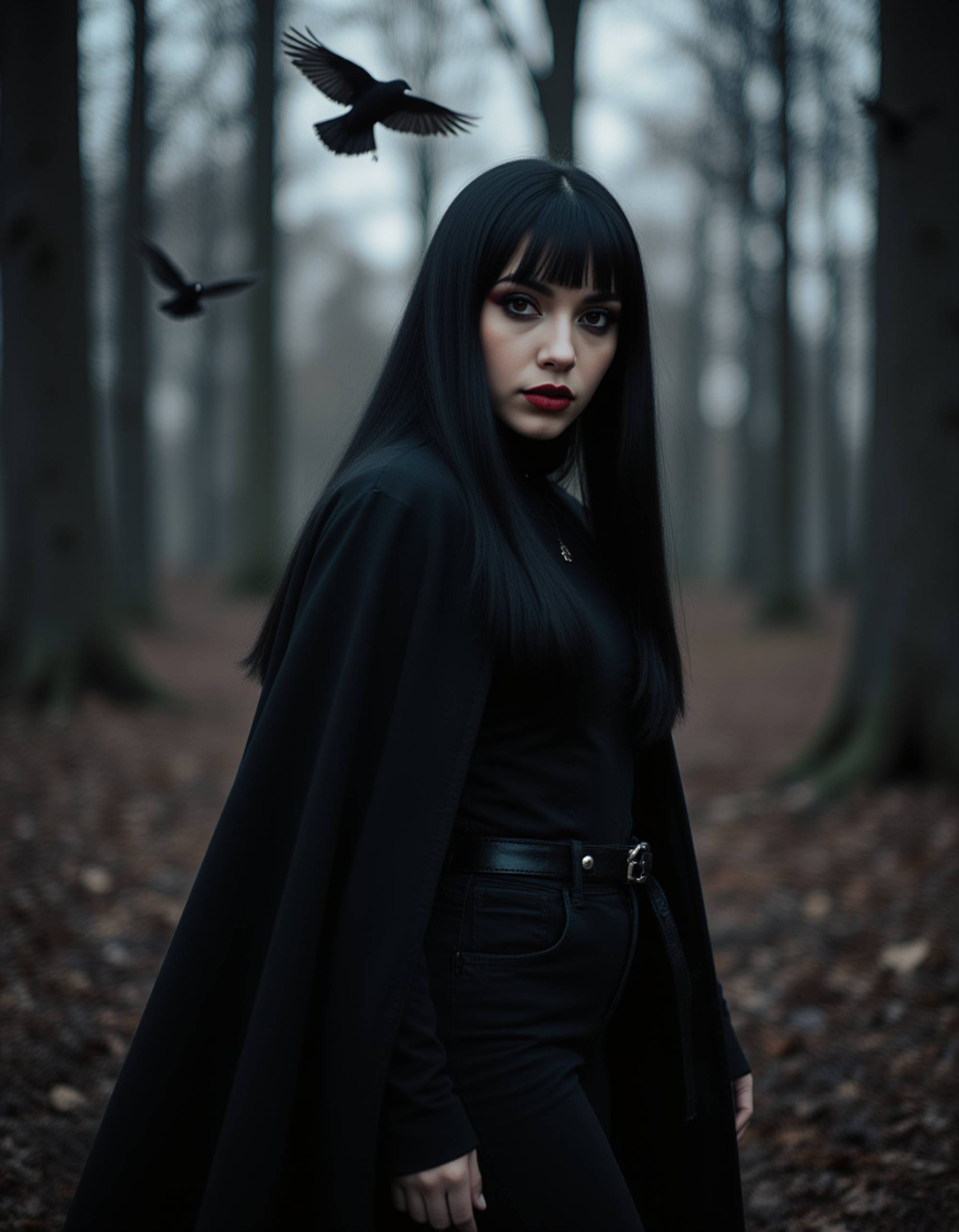 female goth model with jet-black hair, red eyeshadow, and heavy eyeliner, wearing a long tattered cloak, standing in a moonlit forest with crows circling overhead, eerie, seductive, and hauntingly beautiful gothic vibe.