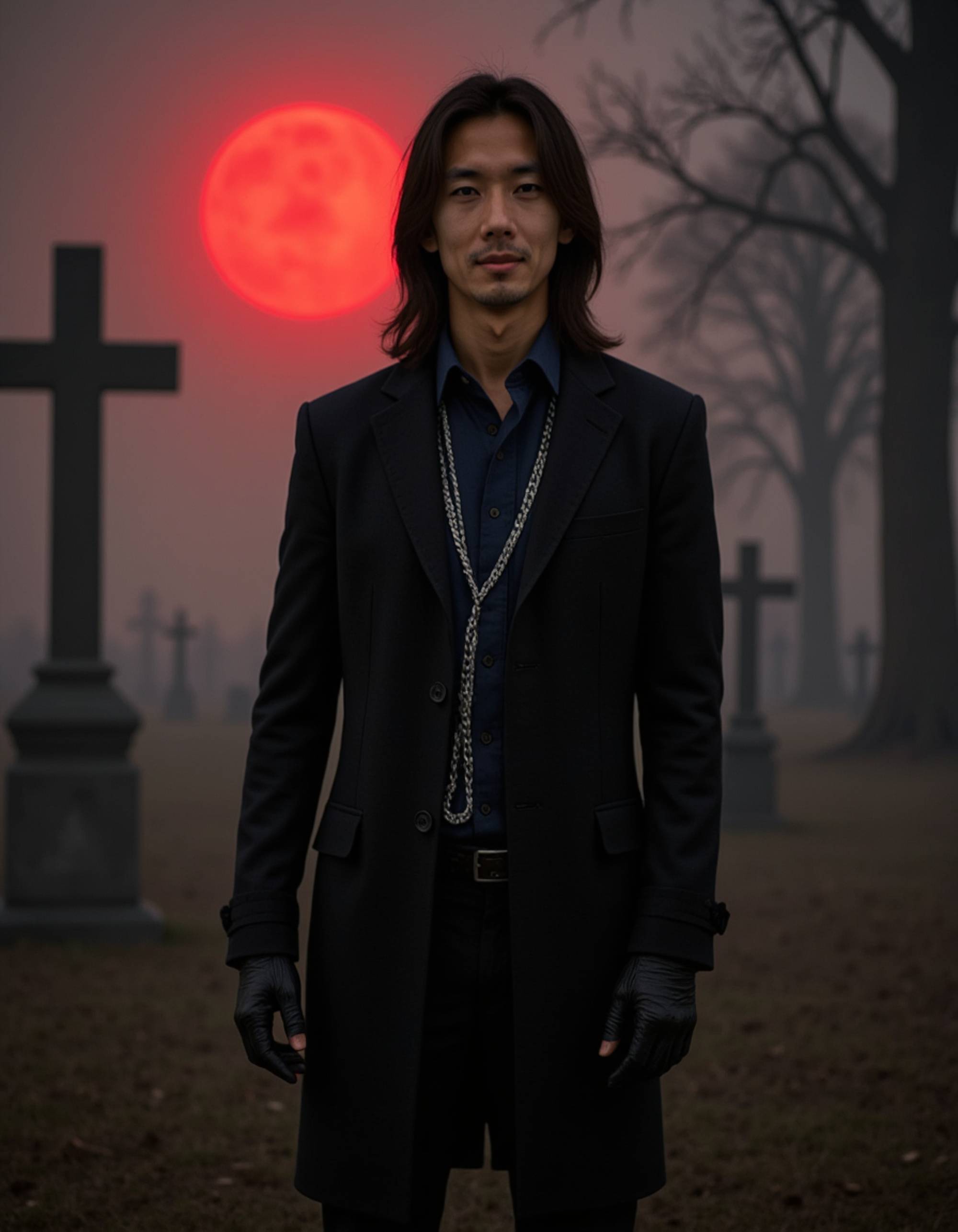 male goth model wearing a long black trench coat with silver chains and leather gloves, standing in a fog-covered graveyard under a blood-red moon, pale face illuminated by candlelight, dark and brooding gothic aura.