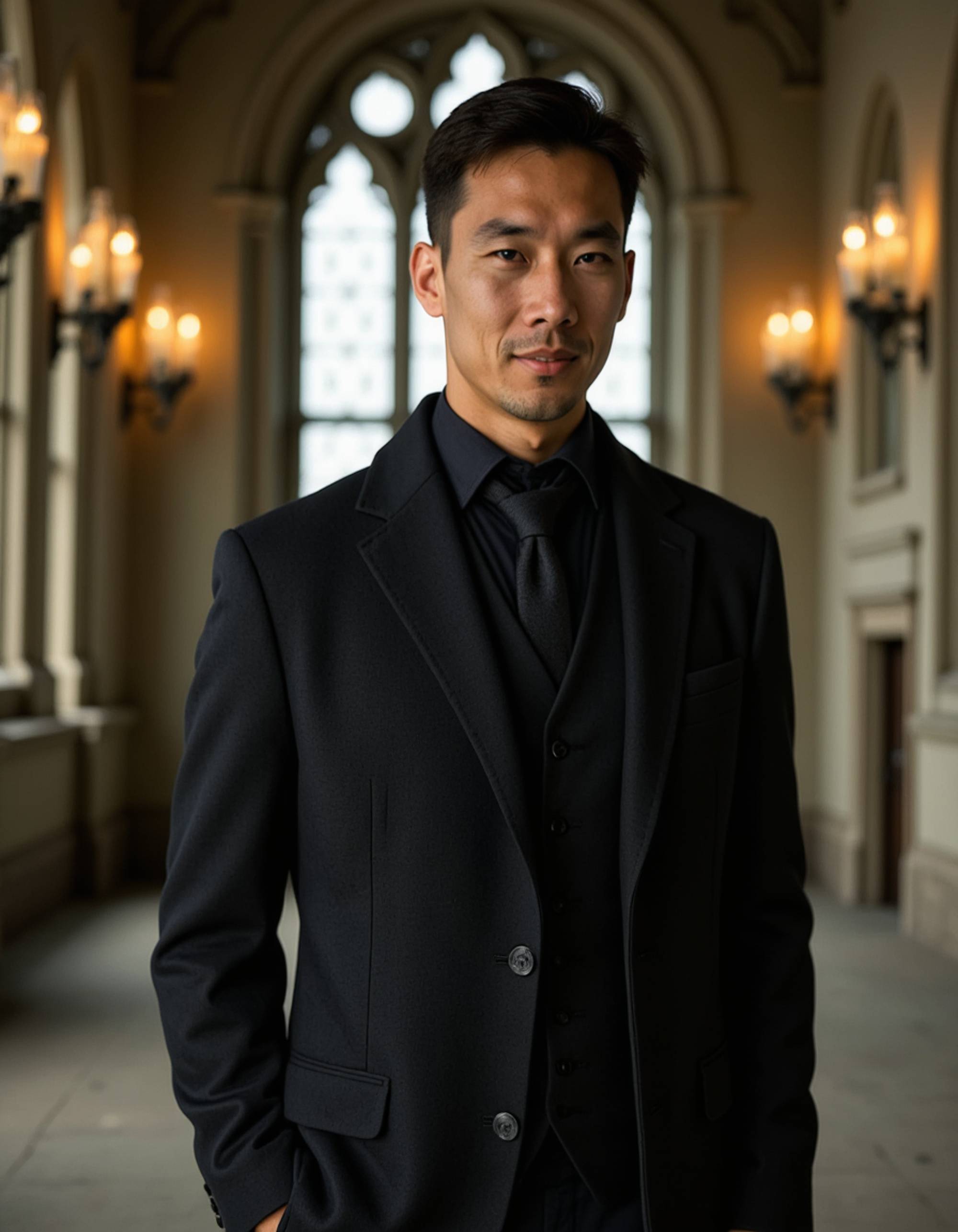goth man dressed in a high-collared Victorian coat and lace shirt, posing inside a decaying castle hall with shattered stained glass windows, dusty air and flickering candles adding a haunted gothic atmosphere.