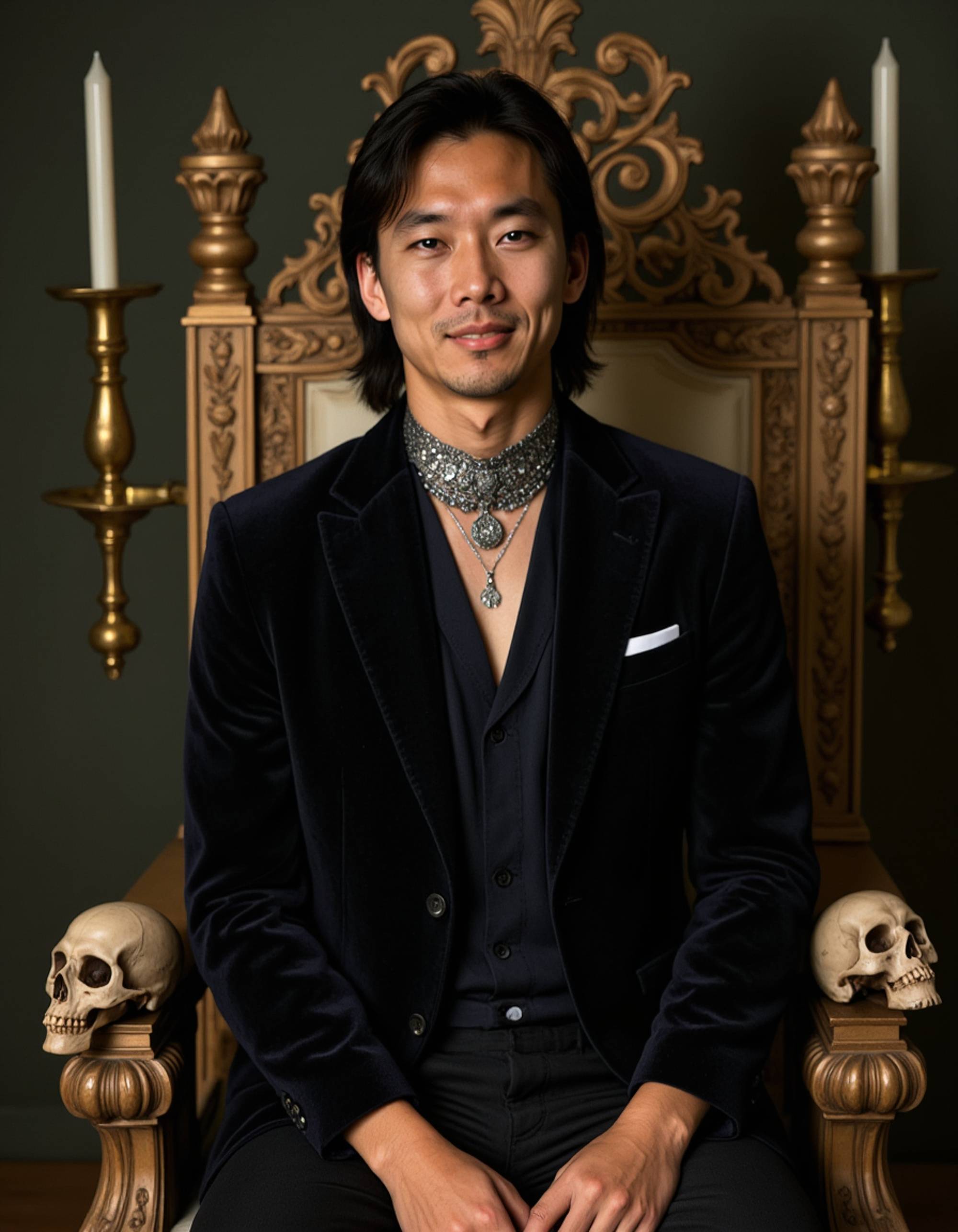 male goth model with long dark hair and sharp features, wearing a velvet blazer and intricate silver jewelry, sitting on an antique throne surrounded by skulls and candelabras, gothic aristocrat aesthetic.