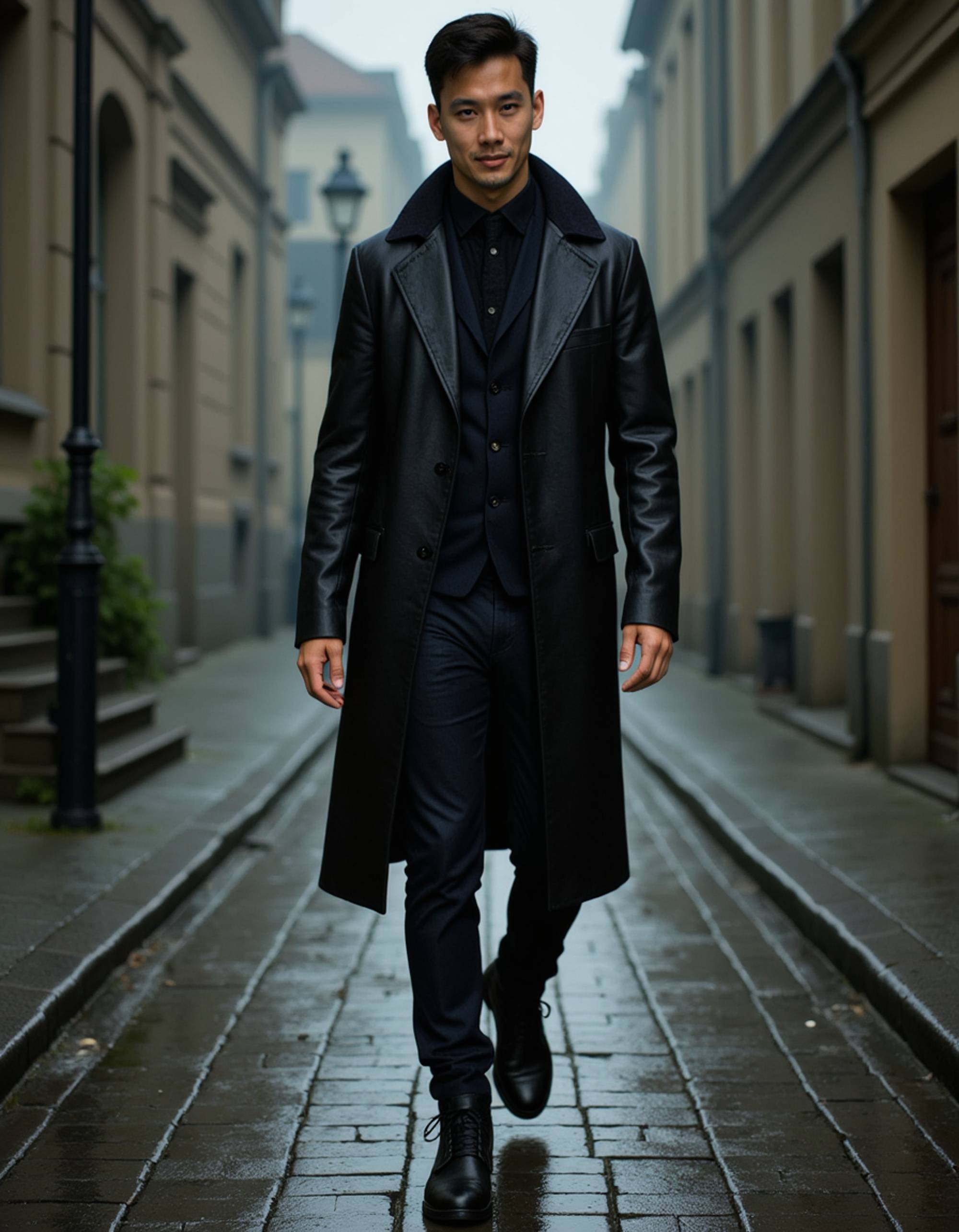 goth man in a black leather coat and combat boots, standing on a cobblestone street drenched in rain, lightning flashing behind him, mysterious and cinematic dark gothic mood.