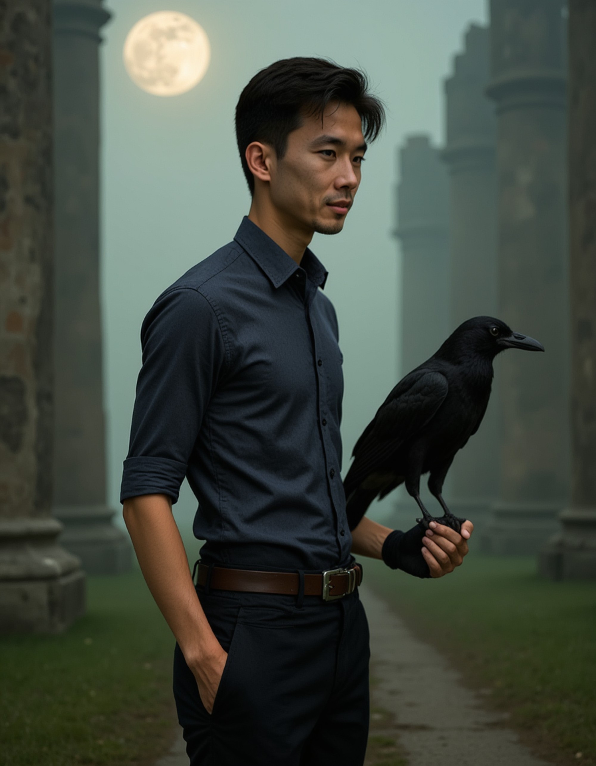 male goth model wearing a torn poet shirt and dark trousers, holding a raven on his gloved hand while standing near ancient ruins under misty moonlight, ethereal and medieval gothic fantasy tone.