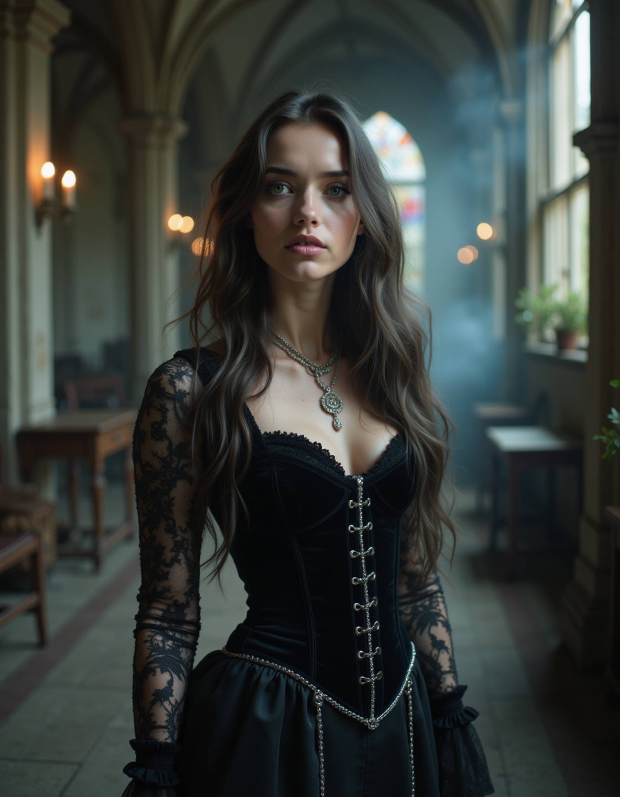 female goth model in a black velvet corset dress with lace sleeves and silver jewelry, standing inside an abandoned cathedral filled with candles and smoke, stained glass shattered behind her, exuding dark gothic divinity and mystique.
